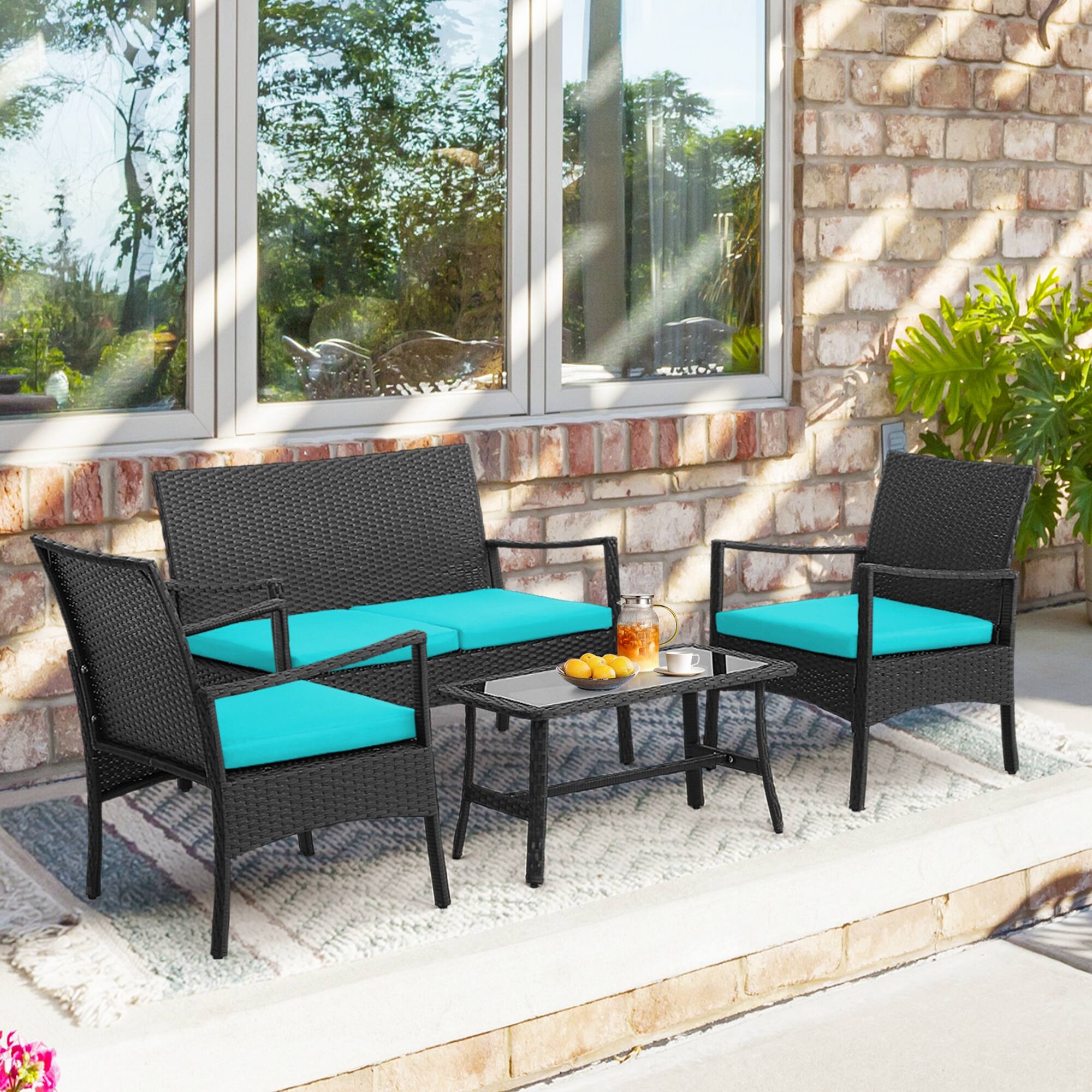 Alt View 3. Costway - Costway 4PCS Patio Wicker Furniture Set Cushioned Chairs& Loveseat with Coffee Table Garden - Turquoise.