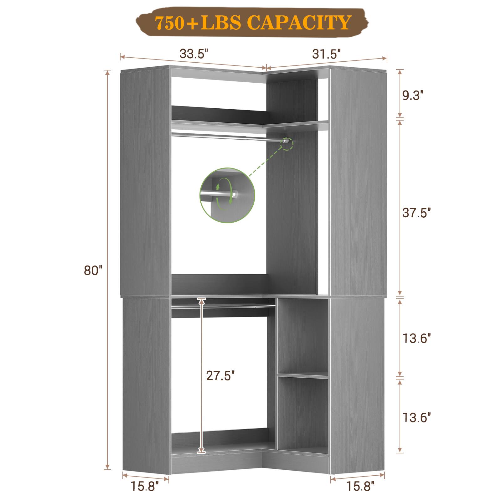 750+LBS CAPACITY  
33.5"  
31.5"  
9.3"  
37.5"  
80"  
13.6"  
27.5"  
13.6"  
15.8"  
15.8"