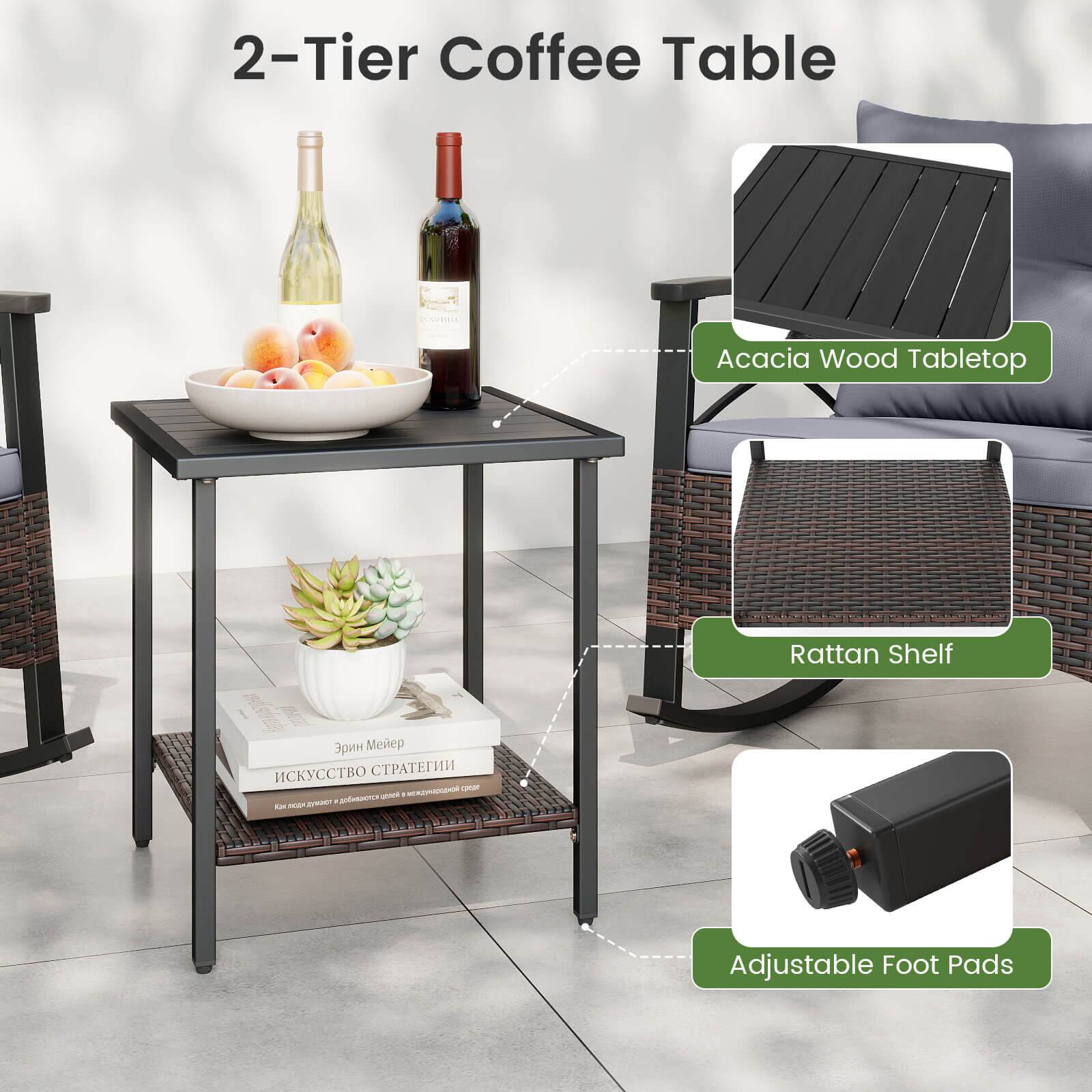 2-Tier Coffee Table  
Acacia Wood Tabletop  
Rattan Shelf  
Adjustable Foot Pads