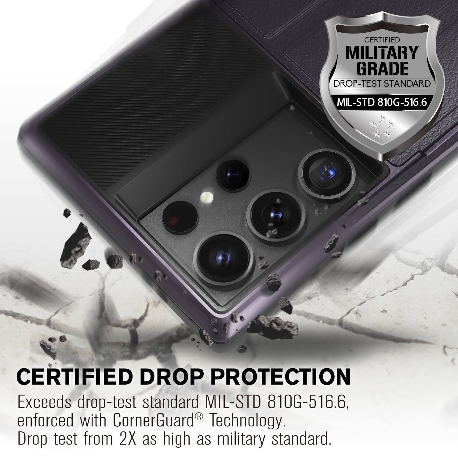 CERTIFIED MILITARY GRADE DROP-TEST STANDARD MIL-STD 810G-516.6  
CERTIFIED DROP PROTECTION  
Exceeds drop-test standard MIL-STD 810G-516.6, enforced with CornerGuard® Technology.  
Drop test from 2X as high as military standard.