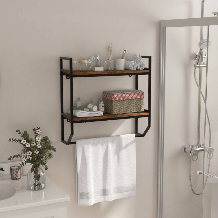 Left. Hivvago - Wall Mounted Over Toilet 2-Shelf Bathroom Shelving Unit with Towel Bar - Brown.