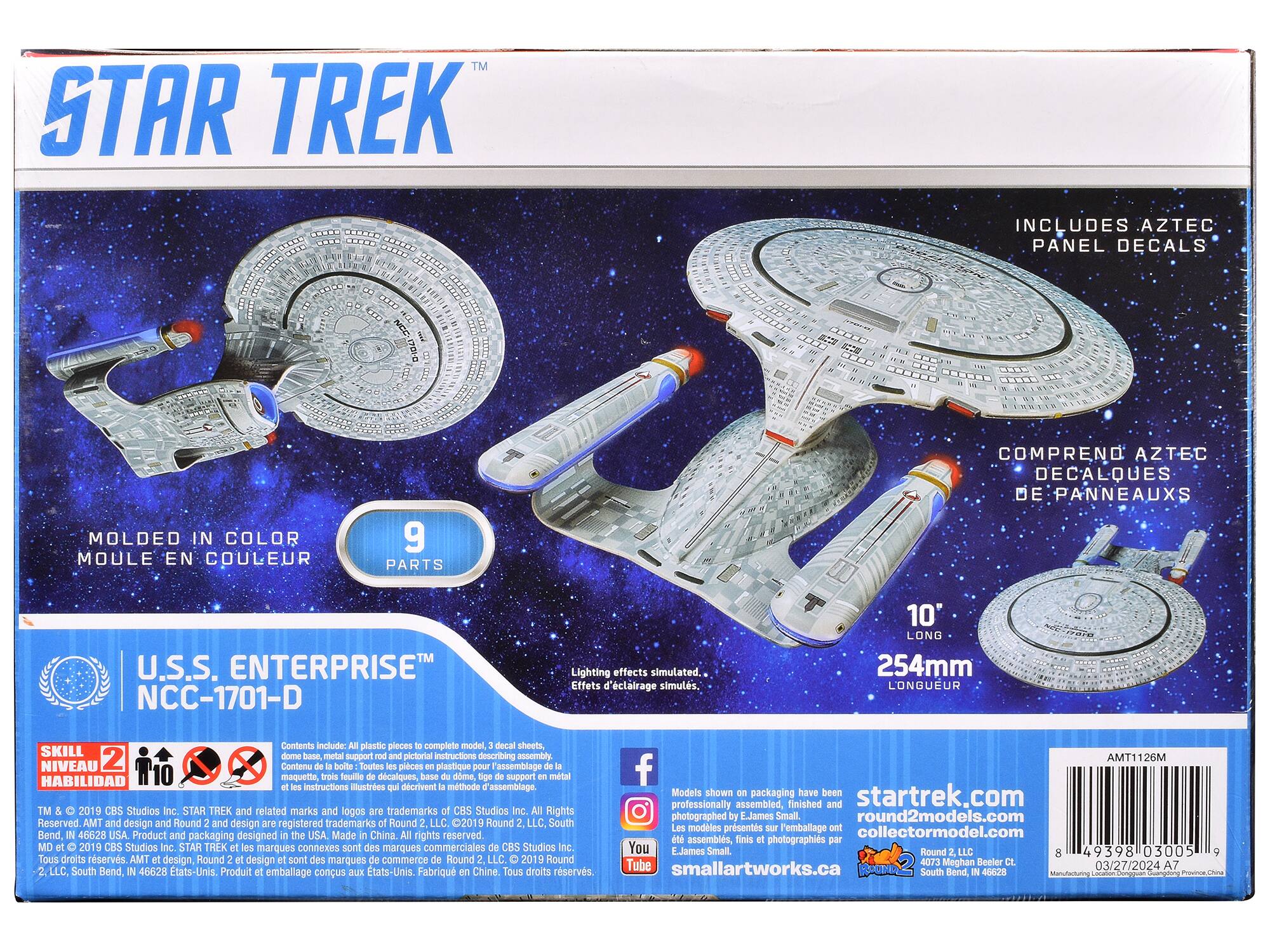 **STAR TREK™**

**U.S.S. ENTERPRISE™ NCC-1701-D**

- **MOLDED IN COLOR**  
  MOULE EN COULEUR

- **9 PARTS**  
  9 PARTS

- **10" LONG**  
  254mm LONGUEUR

- **INCLUDES AZTEC PANEL DECALS**  
  COMPREND AZTEC DECALQUES DE PANNEAUX

- **Lighting effects simulated.**  
  Effets d'éclairage simulés.

**Contents Include:**  
plastic pieces complete model, decal sheets, SKILL dome base, metal pictorial instructions describing assembly  
Contenu: Toutes pièces plastique pour l'assemblage, feuilles d'émaillages, base dome, support métal, instructions illustratives décrivant la méthode d'assemblage

**Skill Level 2**  
Niveau 2  
Habilidad 2

**TM & © 2019 CBS Studios Inc. STAR TREK and related marks and logos are trademarks of CBS Studios Inc. All Rights Reserved.**  
AMT design, Round 2 design and Round 2 logos