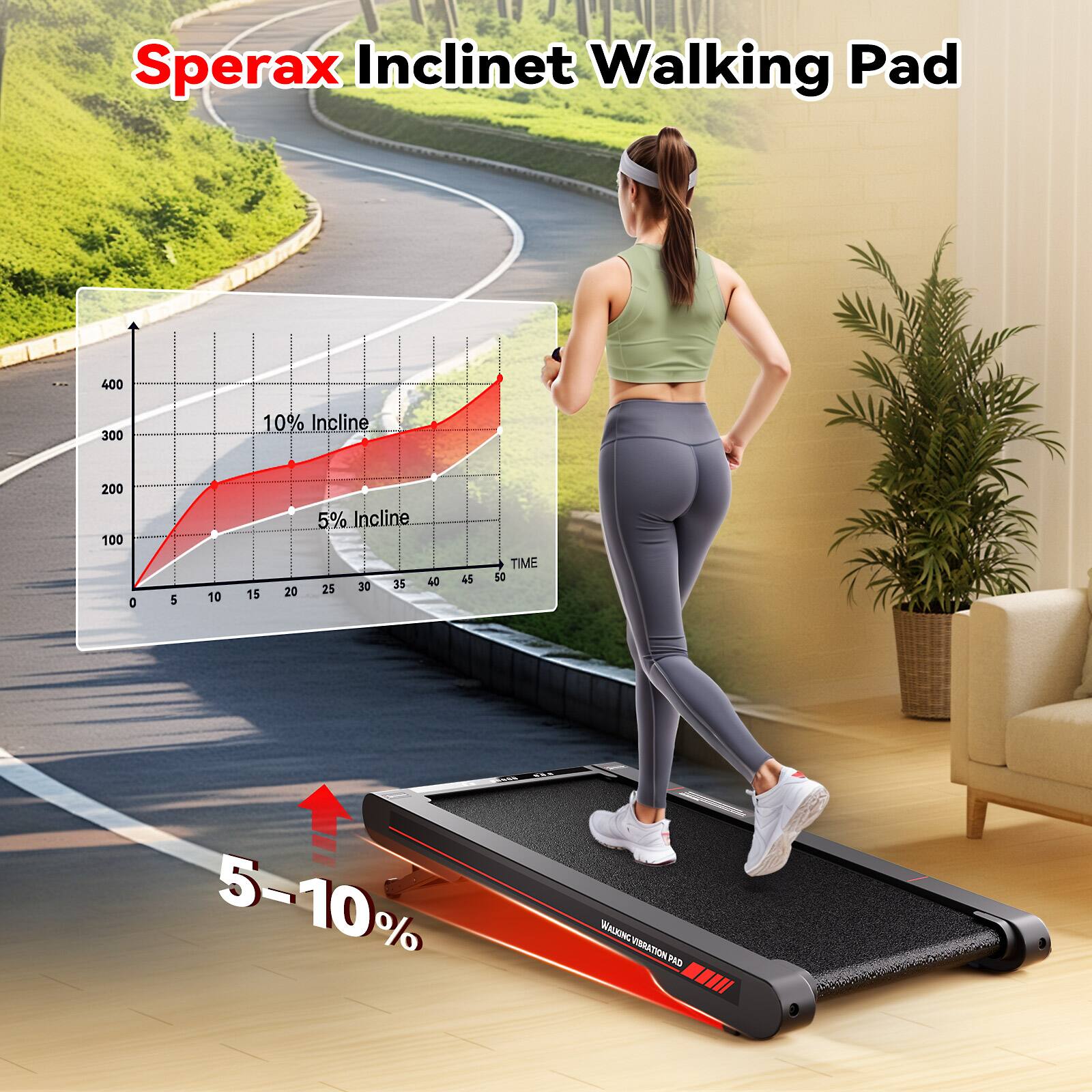 Sperax Incline Walking Pad

10% Incline  
5% Incline

TIME  
0 5 10 15 20 25 30 35 40 45 50

5-10% WALKING VIBRATION