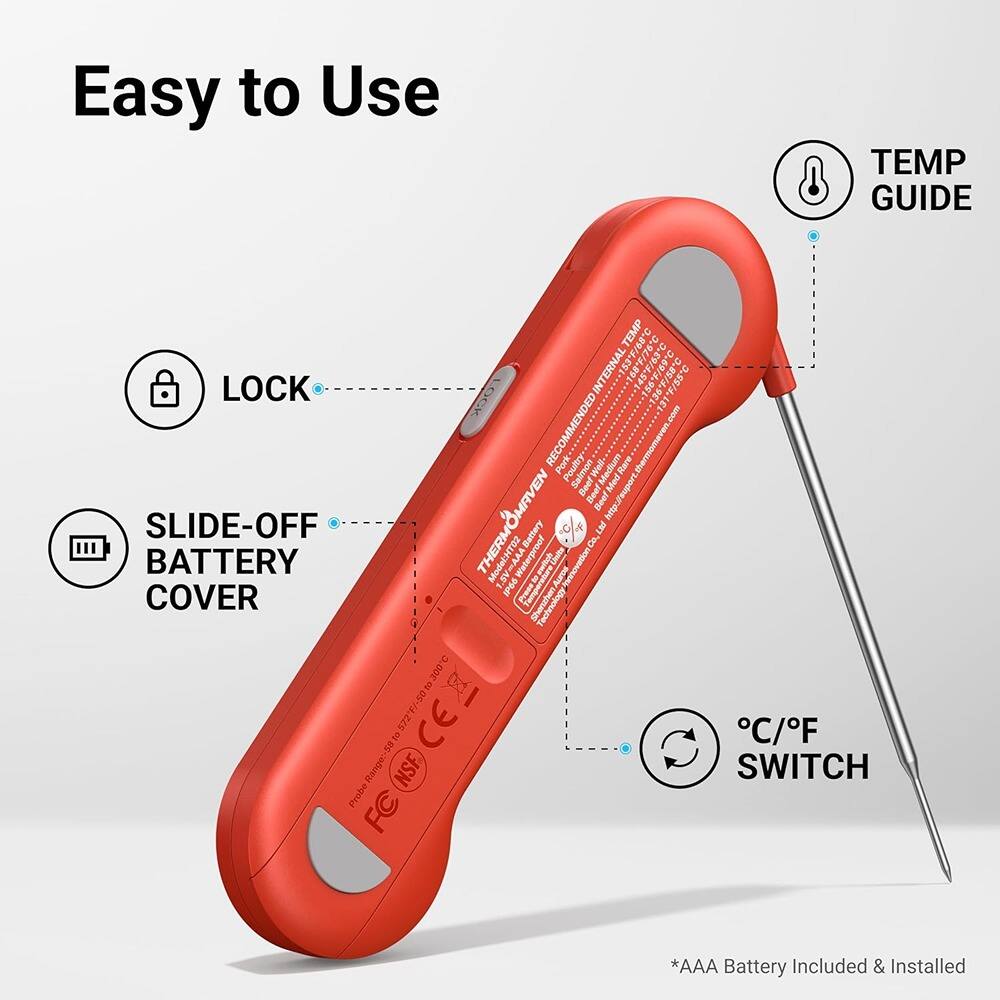 Easy to Use

- LOCK
- SLIDE-OFF BATTERY COVER
- TEMP GUIDE
- °C/°F SWITCH

*AAA Battery Included & Installed