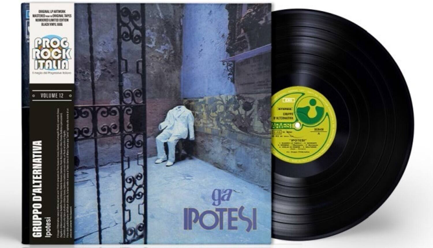 Original LP artwork  
Mastered from original tapes  
Numbered limited edition  
Black vinyl 180g  

PROG ROCK ITALIA  
Volume 12  

GRUPPO D'ALTERNATIVA  
Ipotesi  

ga  
IPOTESI  

COPERTURA  
GRUPPO D'ALTERNATIVA  
Ipotesi  
A  
B