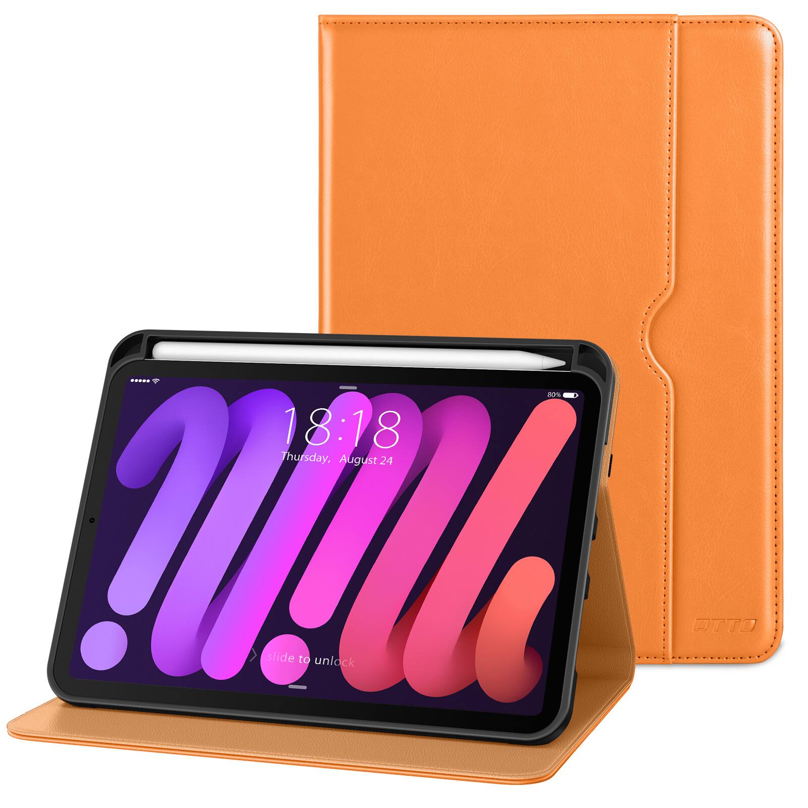 DTTO - Case for iPad Mini 7 (A17 Pro) 2024 / Mini 6 2021 8.3" - Leather Folio Stand with Pencil Holder & Multi-Angle Viewing - Orange