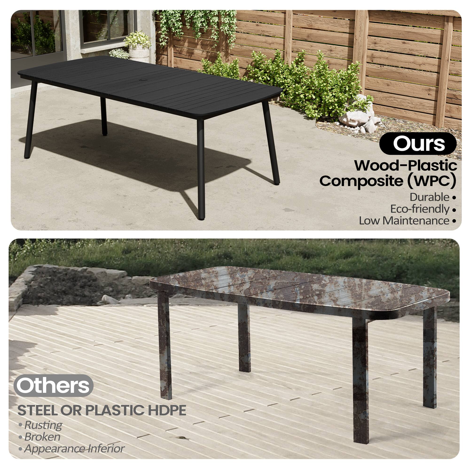 **Ours**

Wood-Plastic Composite (WPC)

- Durable
- Eco-friendly
- Low Maintenance

**Others**

STEEL OR PLASTIC HDPE

- Rusting
- Broken
- Appearance Inferior