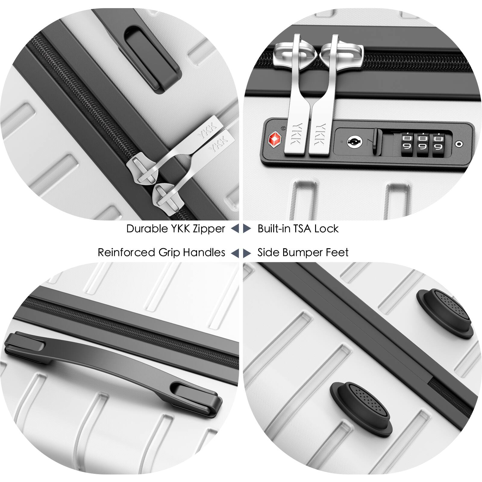 - Durable YKK Zipper
- Built-in TSA Lock
- Reinforced Grip Handles
- Side Bumper Feet