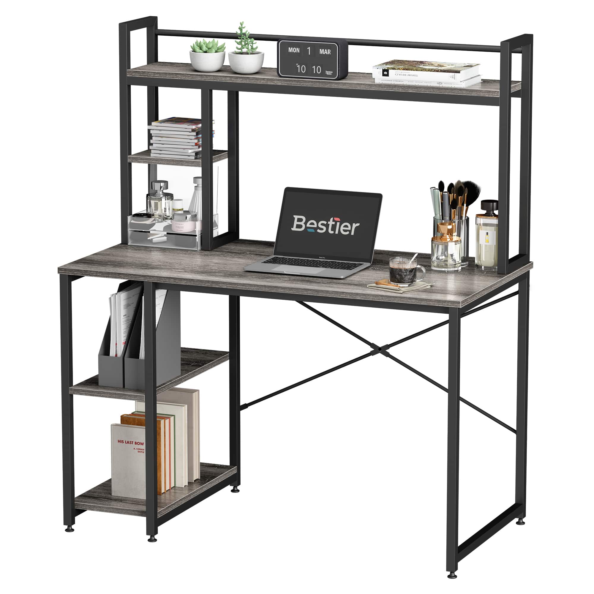 Bestier - 47-inch Comupter Desk with Adjustable Shelves, Hutch & Multi-Compartment Design for Office Home - Grey Oak