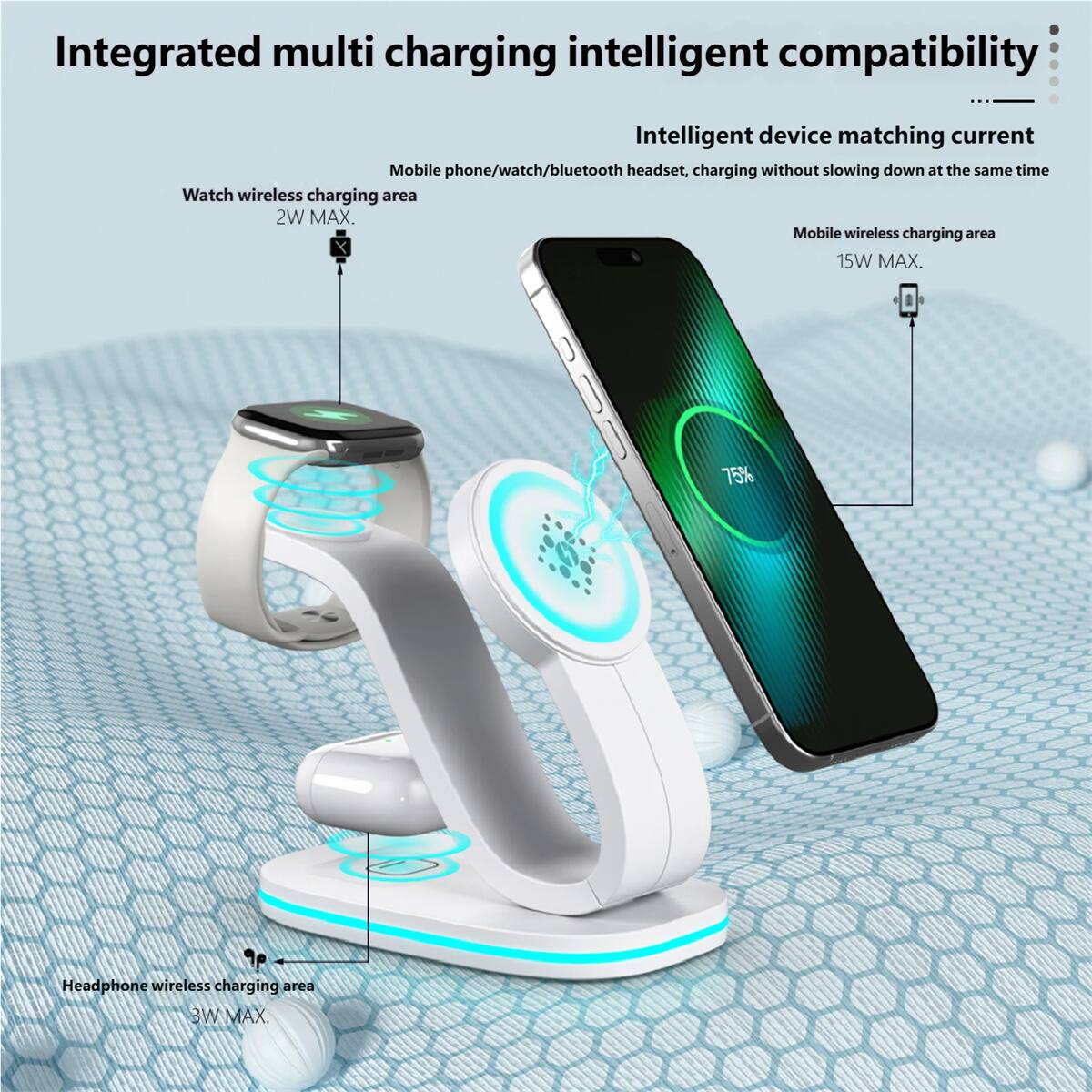 Integrated multi charging intelligent compatibility:  
Intelligent device matching current  
Mobile phone/watch/bluetooth headset, charging without slowing down at the same time  

Watch wireless charging area: 2W MAX.  
Mobile wireless charging area: 15W MAX.  
Headphone wireless charging area: 3W MAX.