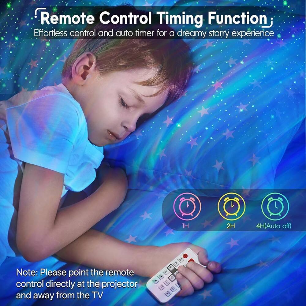 Remote Control Timing Function  
Effortless control and auto timer for a dreamy starry experience  

1H 2H 4H (Auto off)  

Note: Please point the remote control directly at the projector and away from the TV