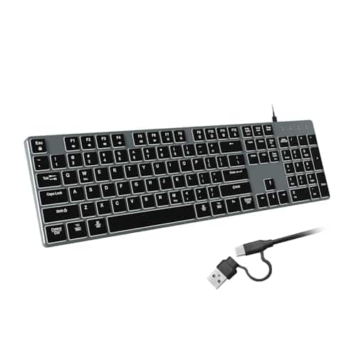 Cozy Serene - Wired Backlit For Windows/mac Aluminum Slim Quiet Full Size Keyboards Light Up With Usb A/usb C Dual Interface - Gray Black