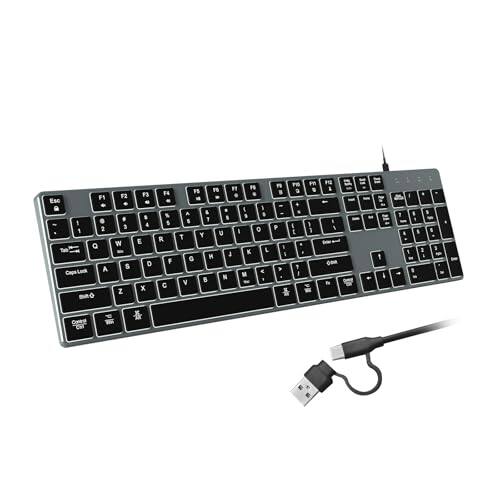 Front. Cozy Serene - Wired Backlit For Windows/mac Aluminum Slim Quiet Full Size Keyboards Light Up With Usb A/usb C Dual Interface - Gray Black.