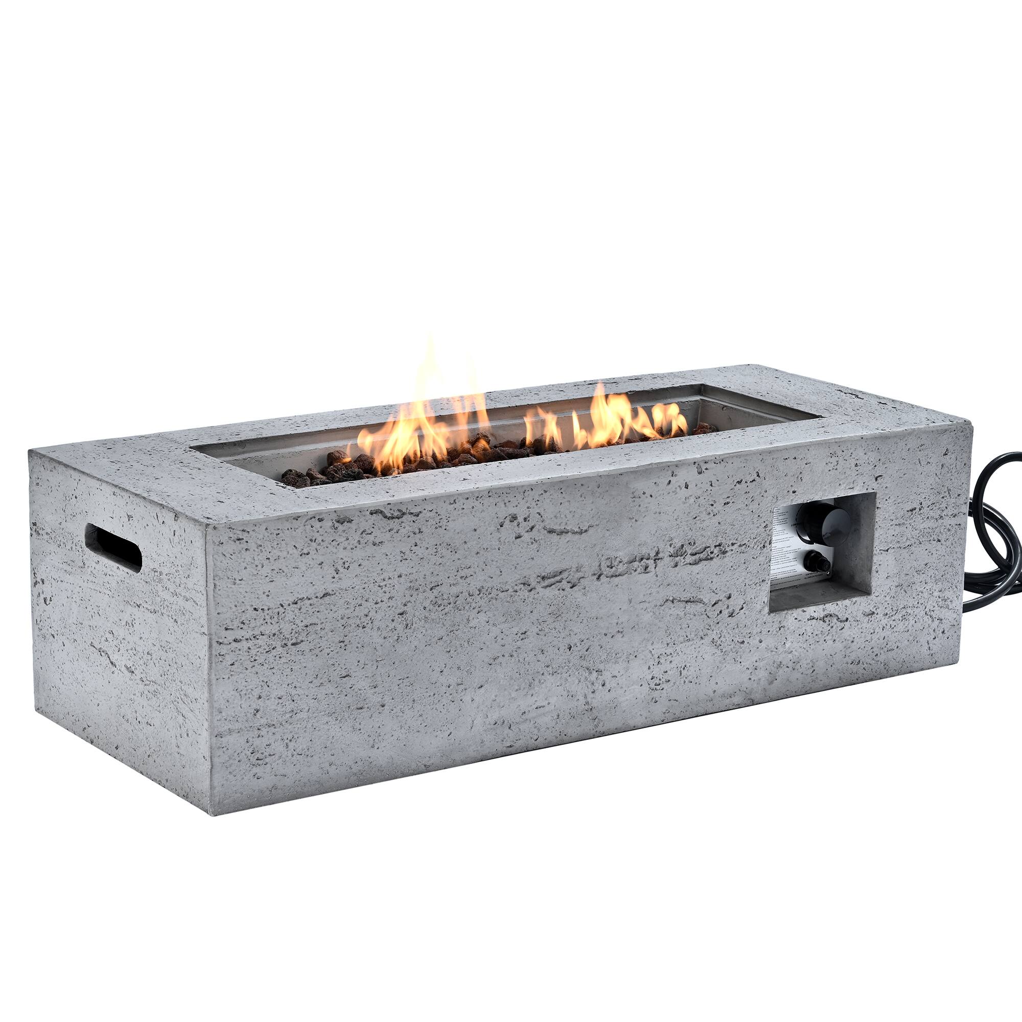 Left. Whisen - 2-Piece Propane Fire Pit Table Set, MGO Rectangle Fire Pit with Tank Cover Side Table for Patio - Light Gray.