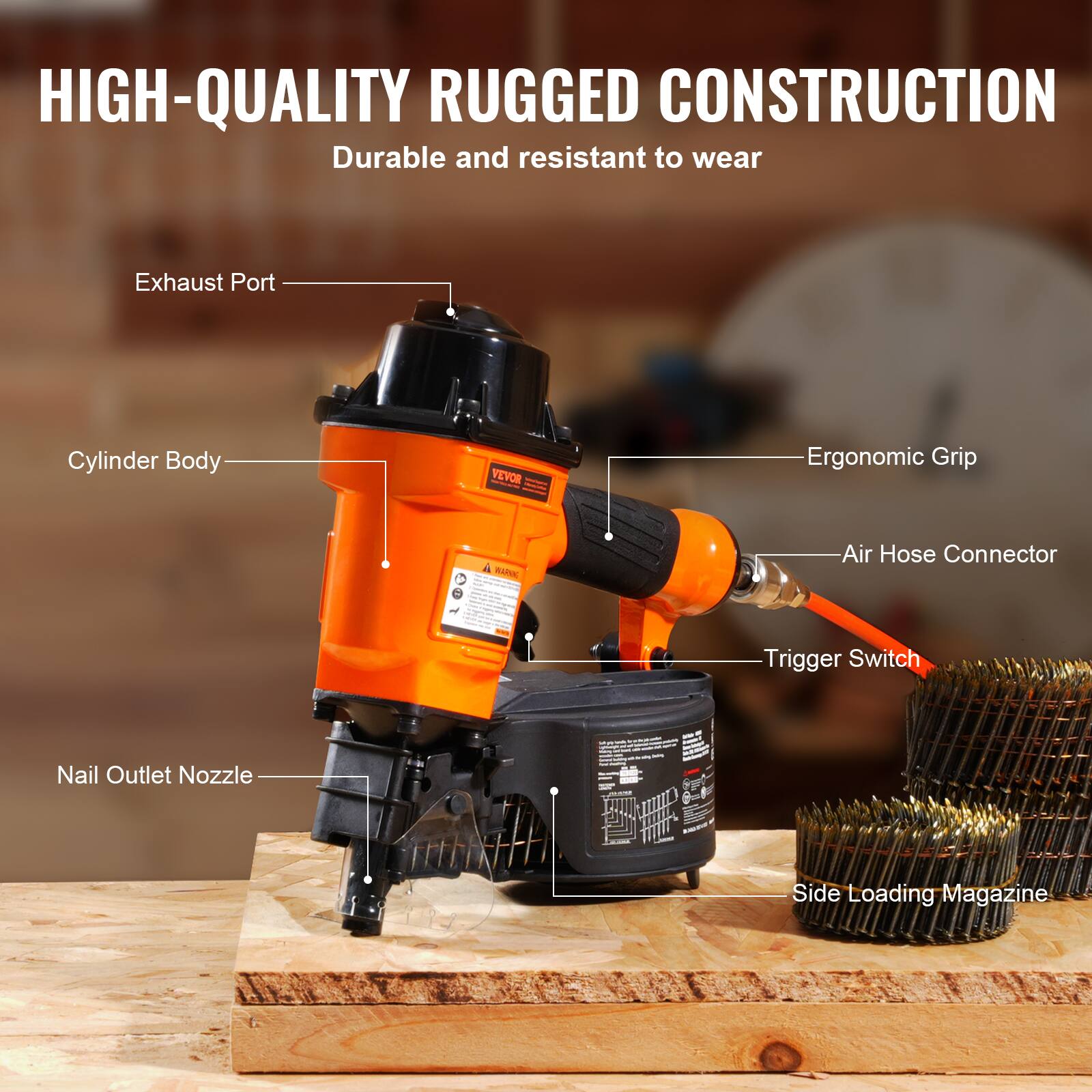 HIGH-QUALITY RUGGED CONSTRUCTION  
Durable and resistant to wear  

- Exhaust Port  
- Cylinder Body  
- Nail Outlet Nozzle  
- Ergonomic Grip  
- Air Hose Connector  
- Trigger Switch  
- Side Loading Magazine
