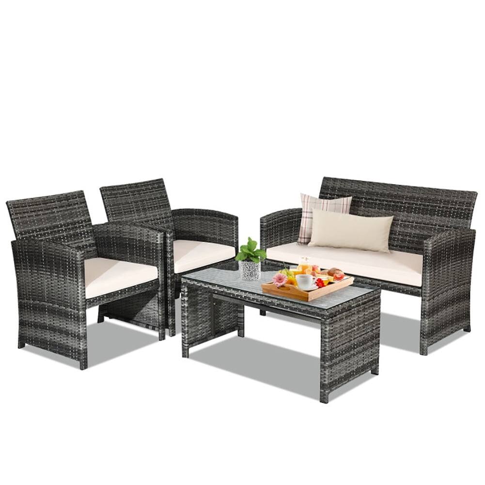 Back. Kadyn - Patio Furniture Set 4 Pieces Outdoor Rattan Chair Wicker Sofa Garden Conversation Bistro Sets for Yard Pool or Backyard - Black.