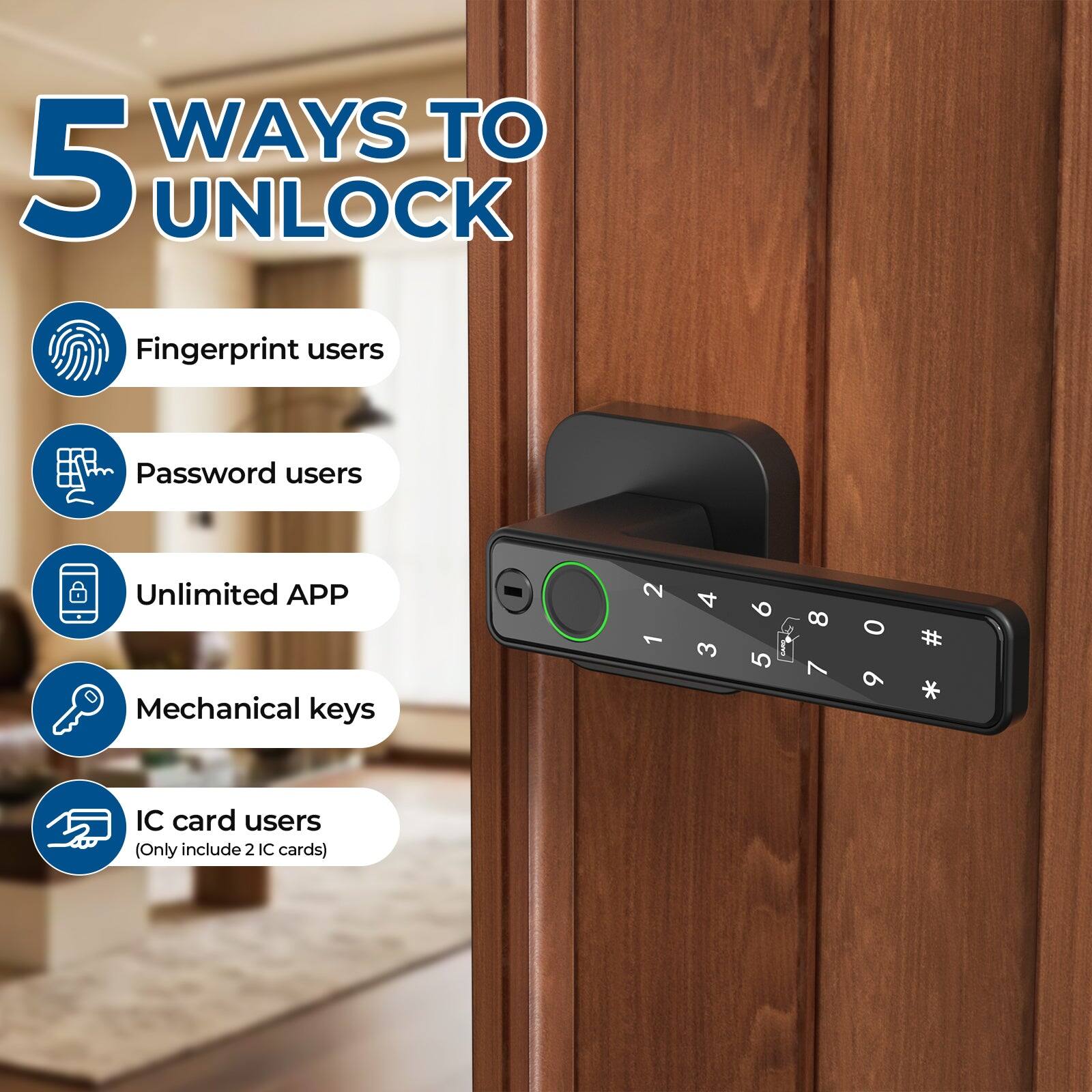 5 WAYS TO UNLOCK

- Fingerprint users
- Password users
- Unlimited APP
- Mechanical keys
- IC card users (Only include 2 IC cards)