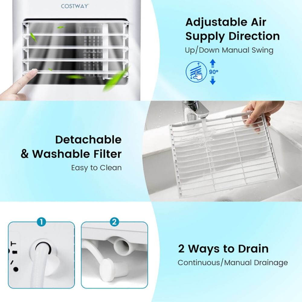 COSTWAY Adjustable Air Supply Direction Up/Down Manual Swing 90° Detachable & Washable Filter Easy to Clean 1 2 2 Ways to Drain Continuous/Manual Drainage