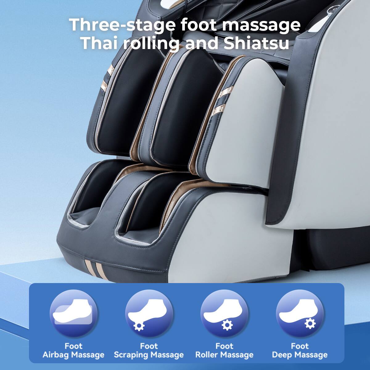 Three-stage foot massage: Thai rolling and Shiatsu. Foot Airbag Massage, Foot Scraping Massage, Foot Roller Massage, Foot Deep Massage.