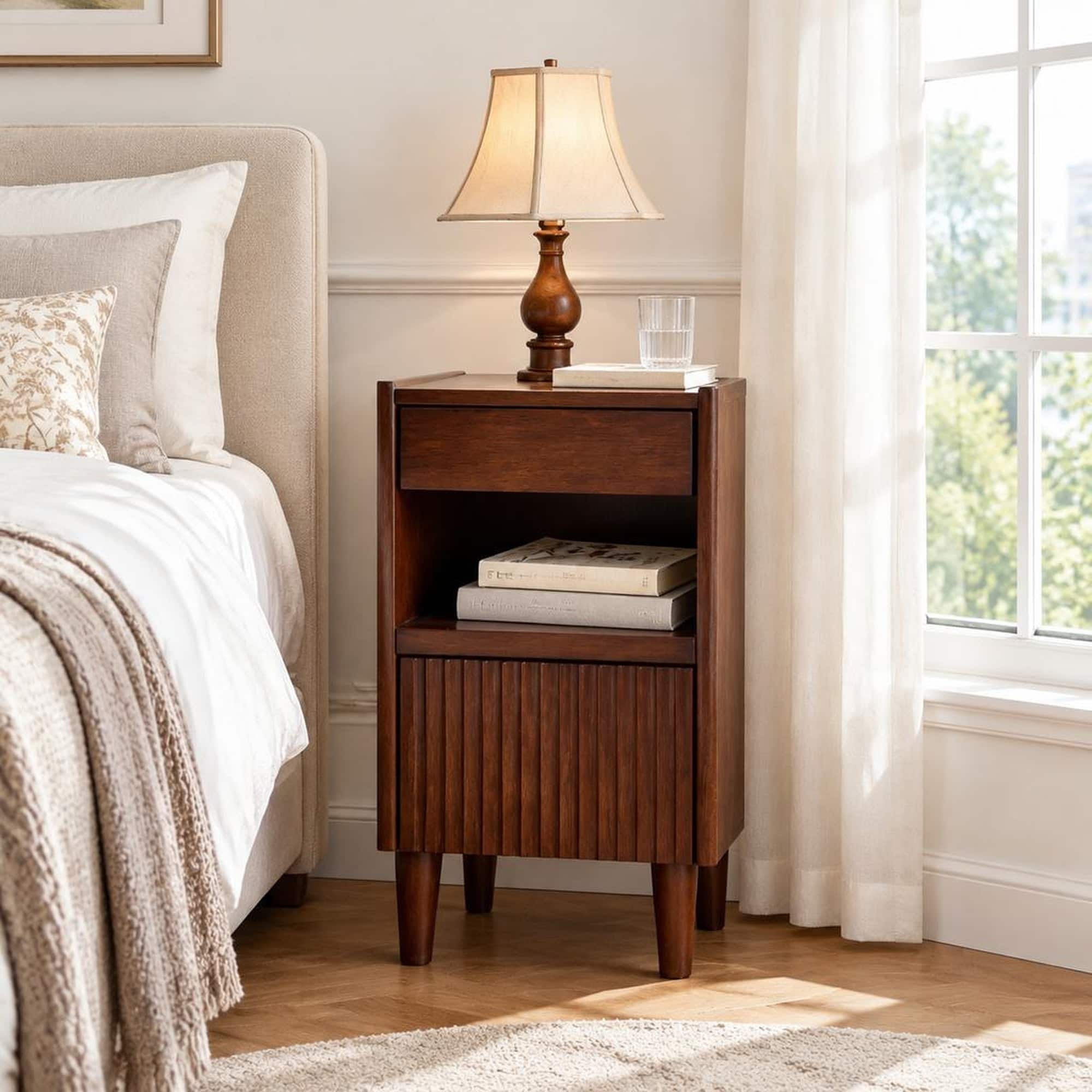 RYHNUYNE - Wooden Bedside Table, 1 Drawer, Open Shelves, Solid Rubber Wood, Narrow Nightstand - Walnut