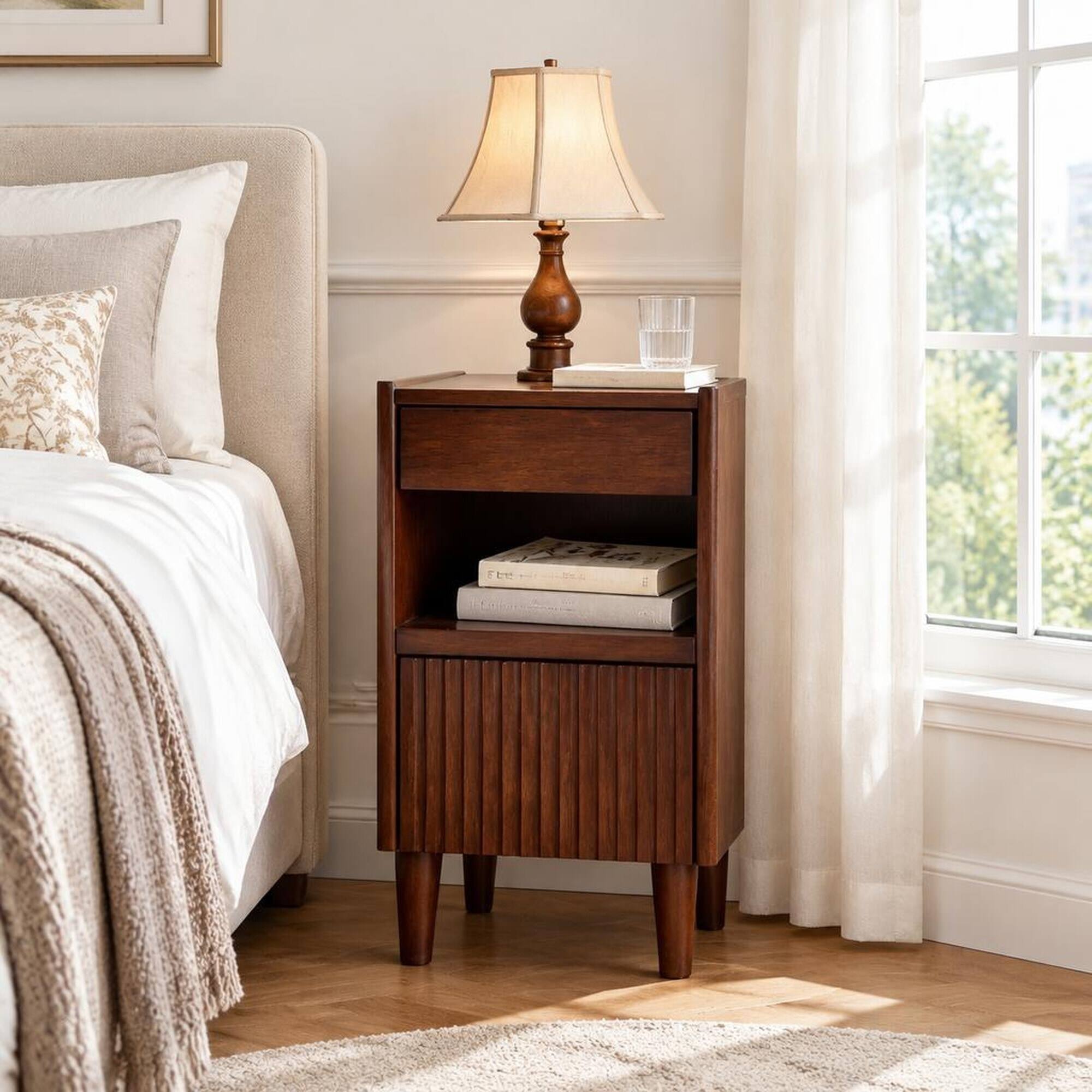 Front. RYHNUYNE - Wooden Bedside Table, 1 Drawer, Open Shelves, Solid Rubber Wood, Narrow Nightstand - Walnut.