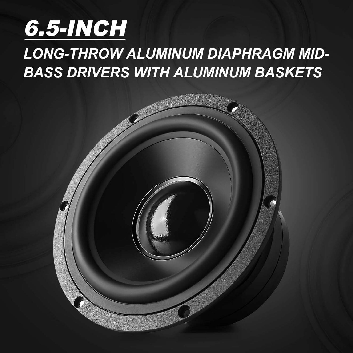 The text on the image reads: "6.5-INCH LONG-THROW ALUMINUM DIAPHRAGM MID-BASS DRIVERS WITH ALUMINUM BASKETS."