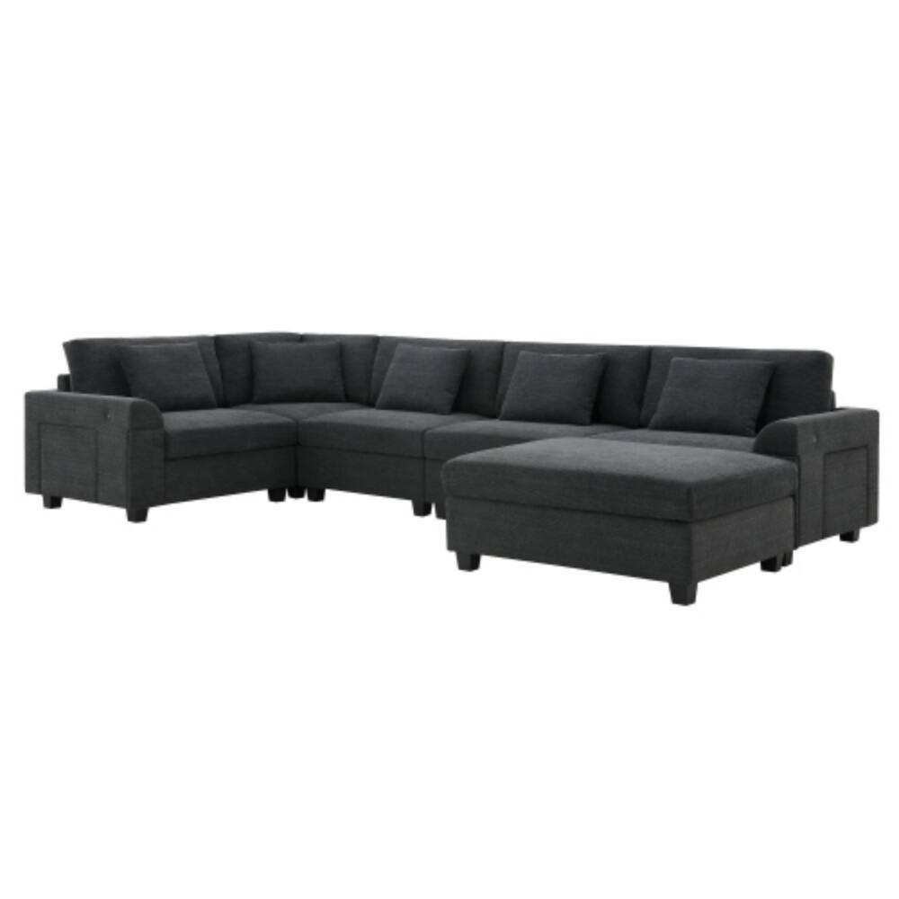 Alt View 6. LUCKY ONE - 128" U-Shaped 6-Seat Chenille Sectional Sofa w/ Oversized Ottoman Armrest Storage USB Ports - Black.