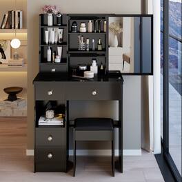 Loheer - Small Space Vanity Table with Sliding Mirror and Padded Stool, MDF, Compact Bedroom - Black