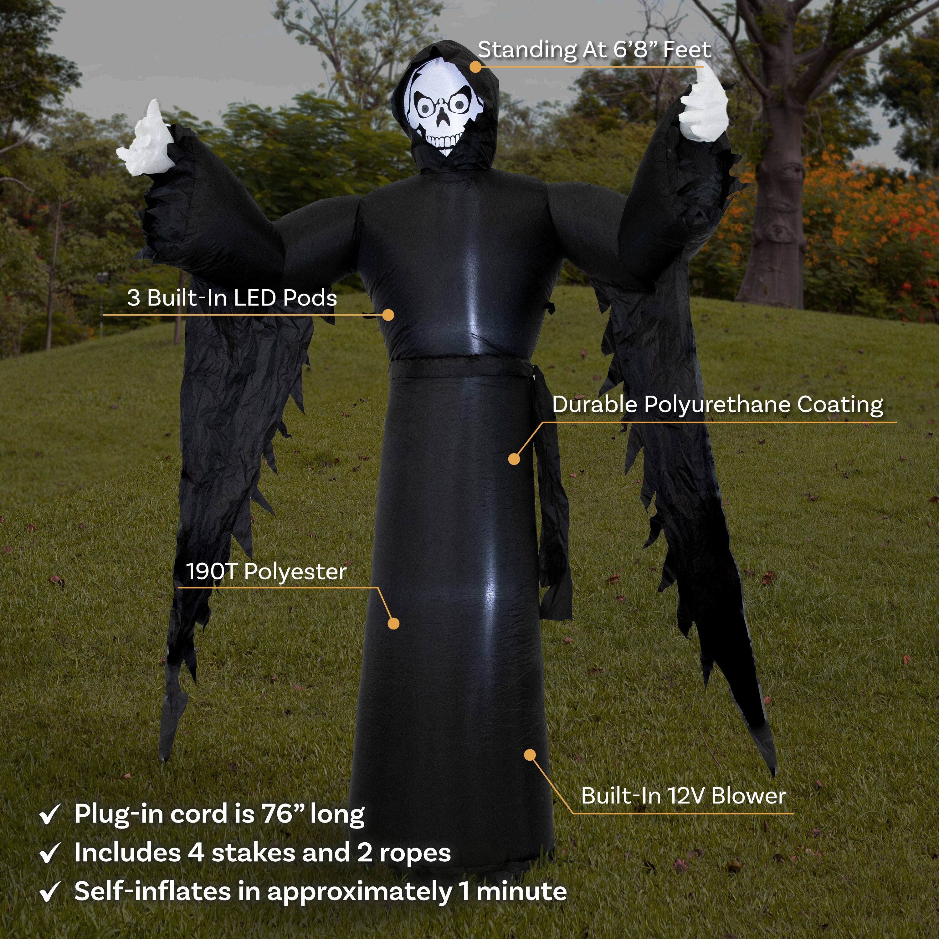 - Standing At 6'8" Feet
- 3 Built-In LED Pods
- Durable Polyurethane Coating
- 190T Polyester
- Built-In 12V Blower
- Plug-in cord is 76" long
- Includes 4 stakes and 2 ropes
- Self-inflates in approximately 1 minute