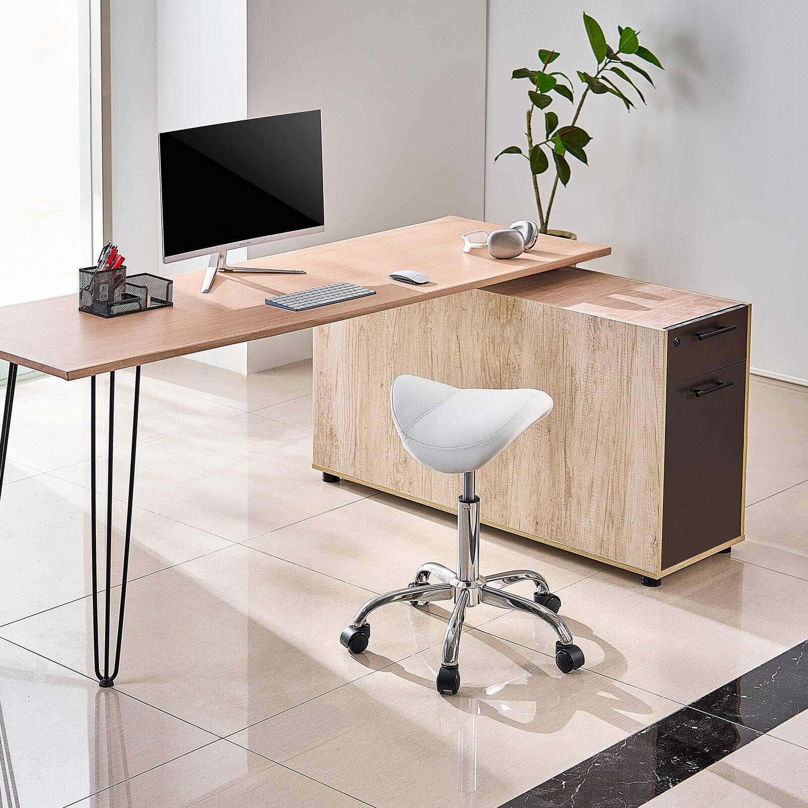 Alt View 1. Glintex - Saddle Stool with Wheels, 450lbs Capacity Ergonomic Adjustable Height PU Leather Swivel Saddle Chair for Salon and Spa - White.