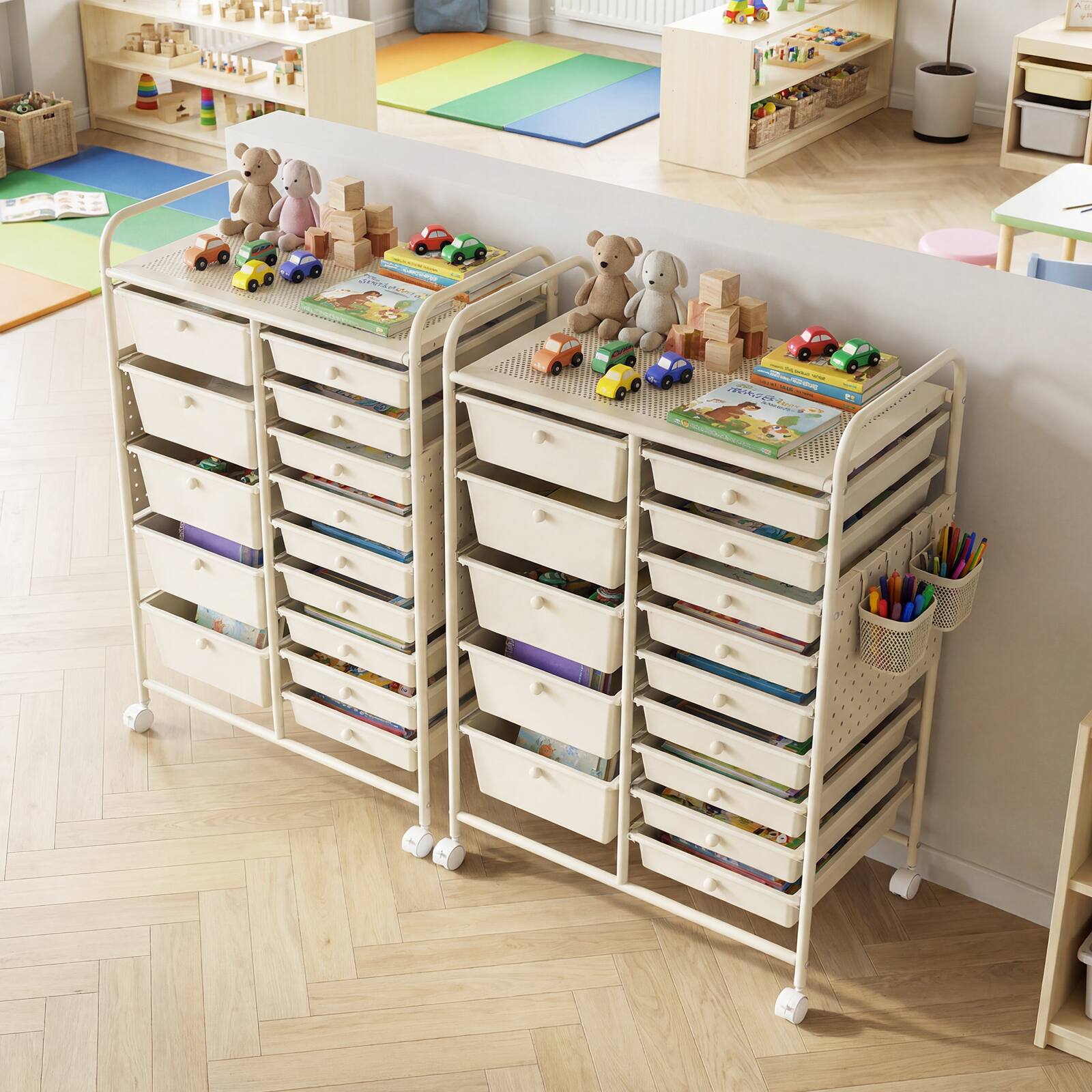 Alt View 3. Costway - Costway 15-Drawer Rolling Cart with Pegboard, 2 Locking Brakes, Metal Frame for Home - White.