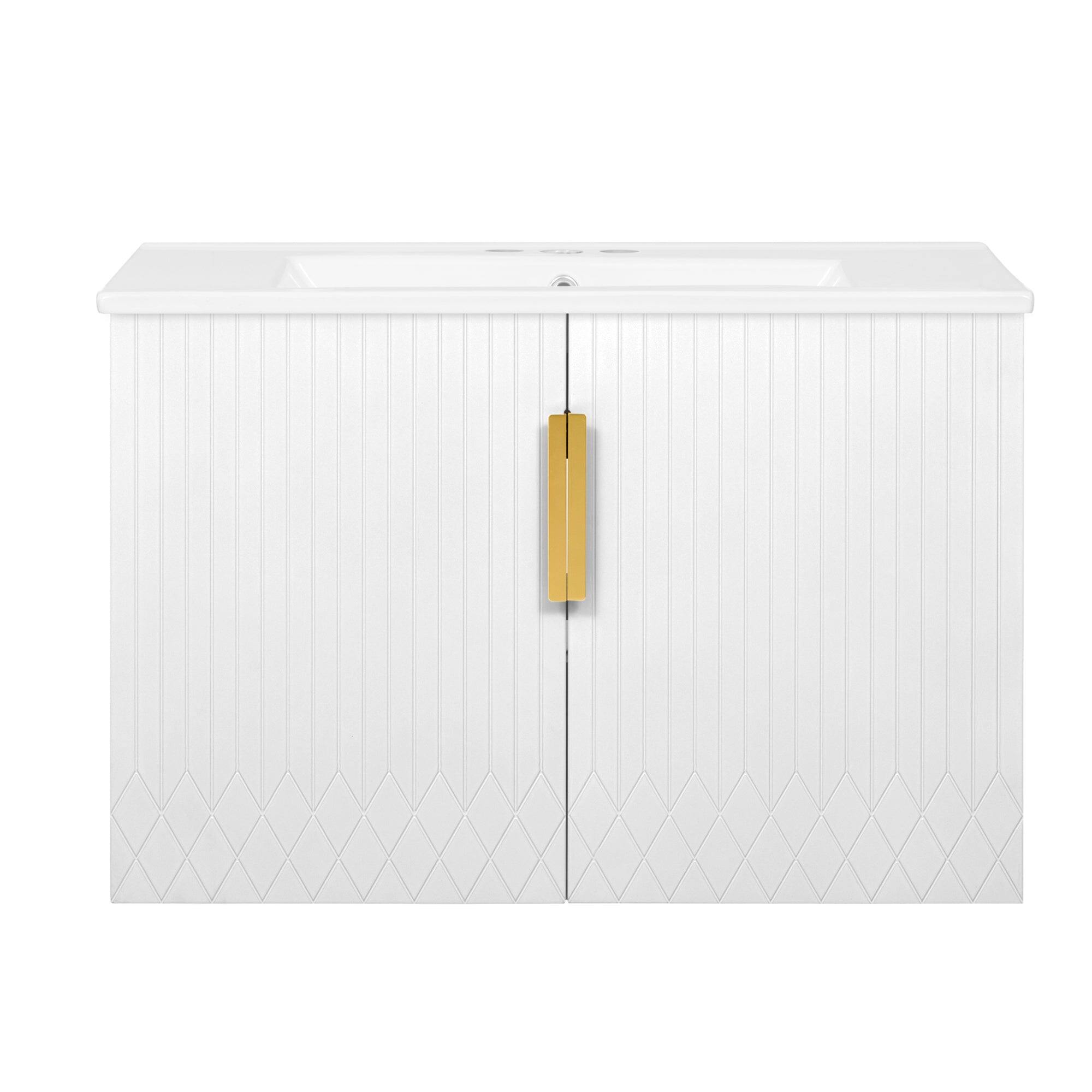 Front. Boyel Living - 30 Inch Vintage Wall Mounted Bathroom Vanity with Ceramic Sink Dual Doors White - White.