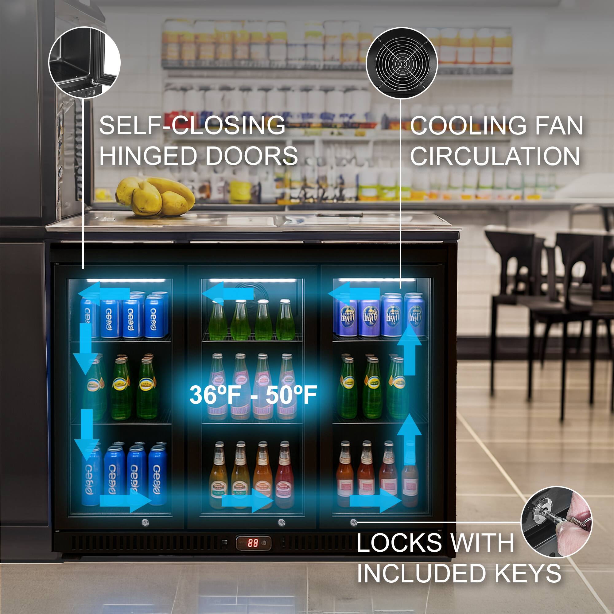 SELF-CLOSING HINGED DOORS  
COOLING FAN CIRCULATION  
36°F - 50°F  
LOCKS WITH INCLUDED KEYS
