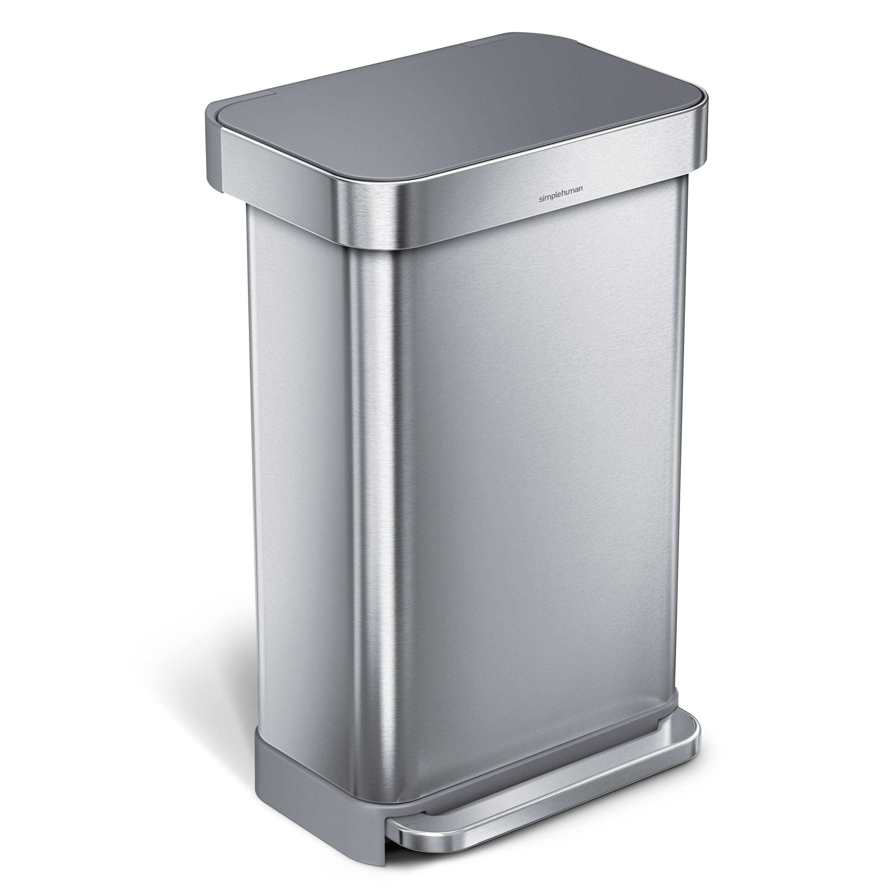 Front. simplehuman - 45L rectangular step can with liner pocket, brushed stainless steel with grey plastic lid - Brushed.