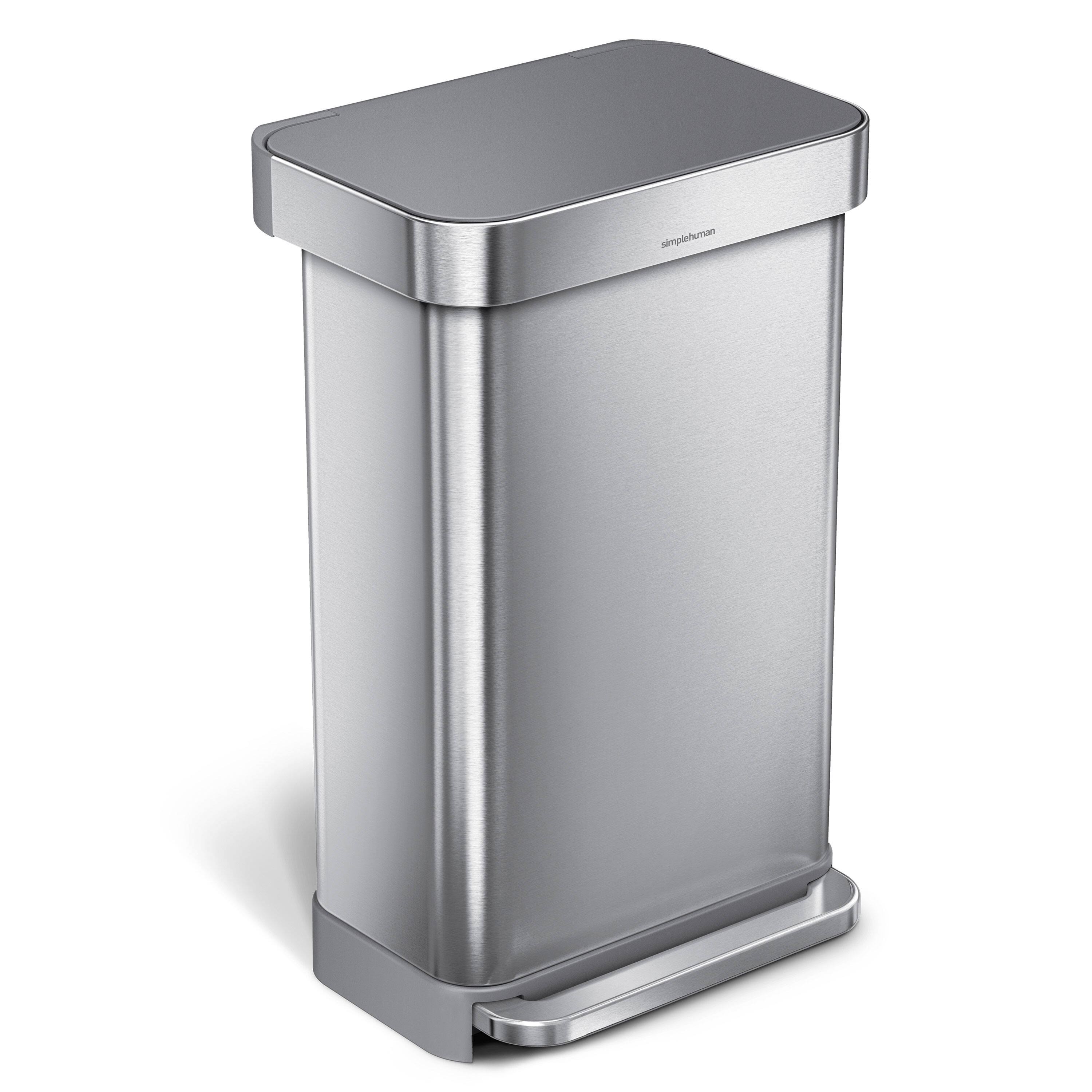 simplehuman - 45L rectangular step can with liner pocket, stainless steel with grey plastic lid - Brushed