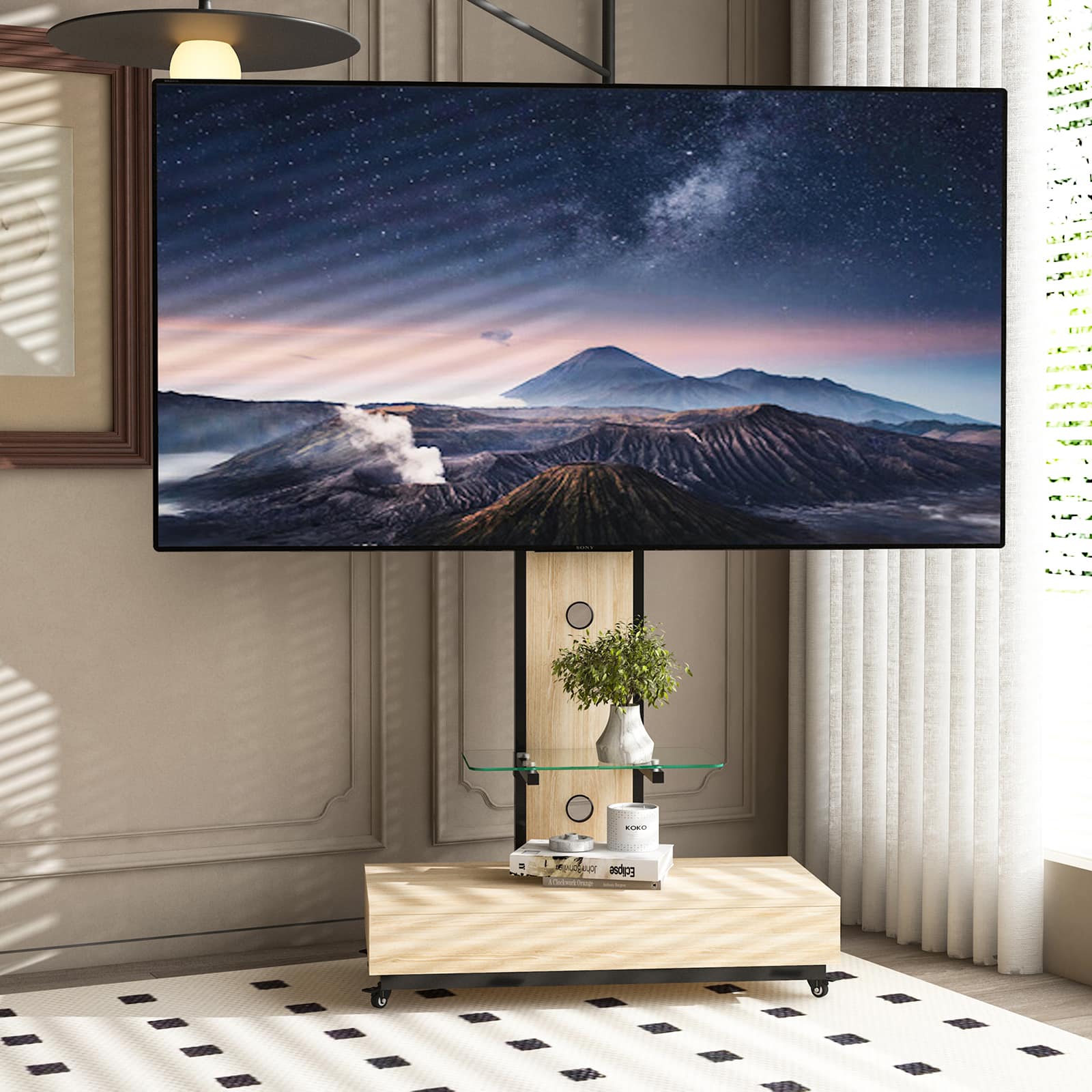 Chateau Abodes - Mobile TV Stand Cart for 32-75 inch TVs with Push-Pull Drawer, Wood & Glass Design on Lockable Wheels - Natural