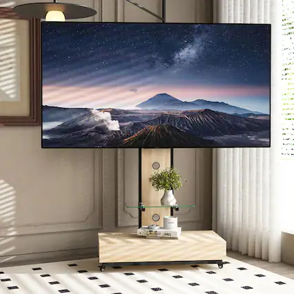 Front. Chateau Abodes - Mobile TV Stand Cart for 32-75 inch TVs with Push-Pull Drawer, Wood & Glass Design on Lockable Wheels - Natural.