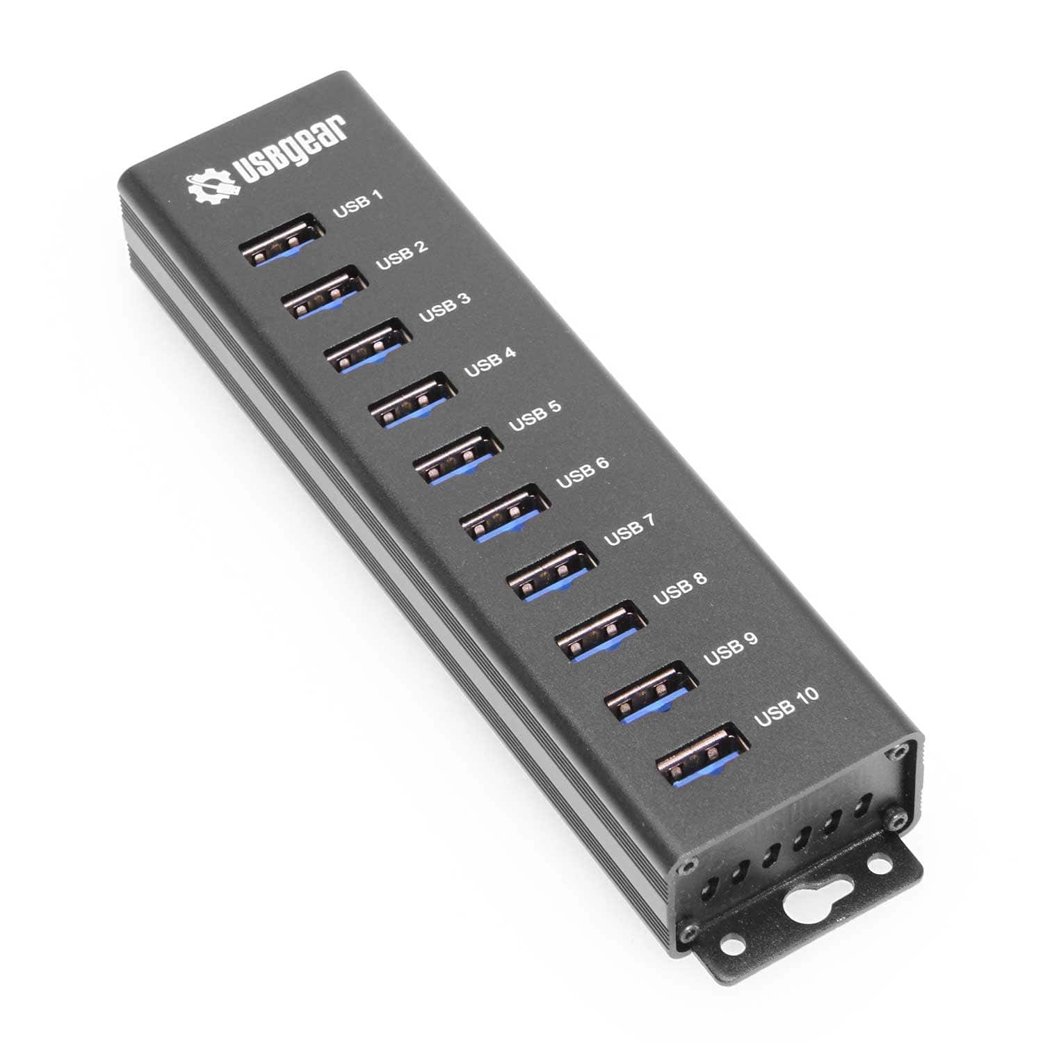 USBGear - 10-Port USB 3.2 Gen 1 Hub - 5Gbps - Charging & Data - Surface & DIN Rail Mountable - Includes Power Adapter - Black