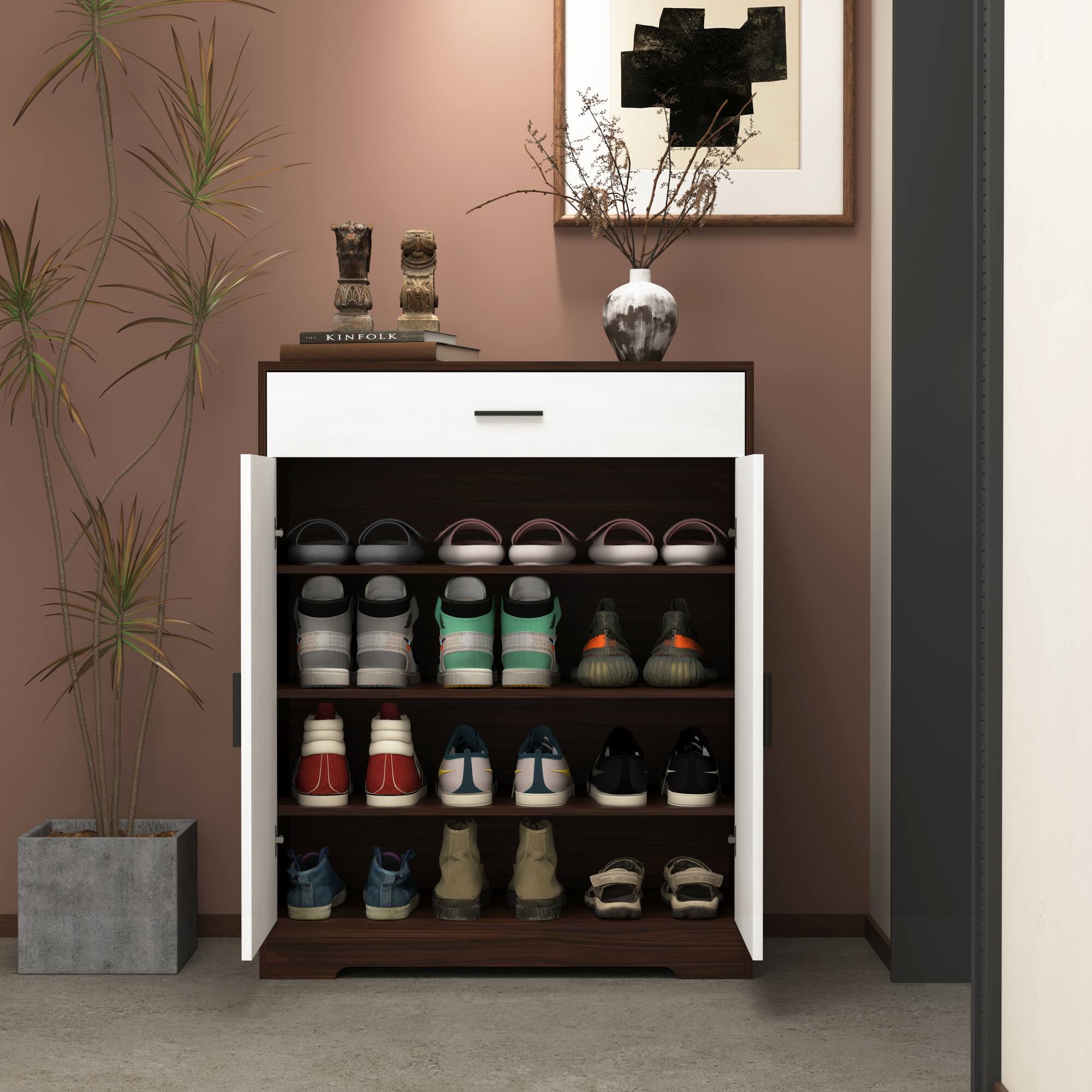 Alt View 1. GOODSILO - 4-Tier Shoe Storage Cabinet with Adjustable Shelves and Spacious Drawer for Entryway and Hallway Organization - Walnut.