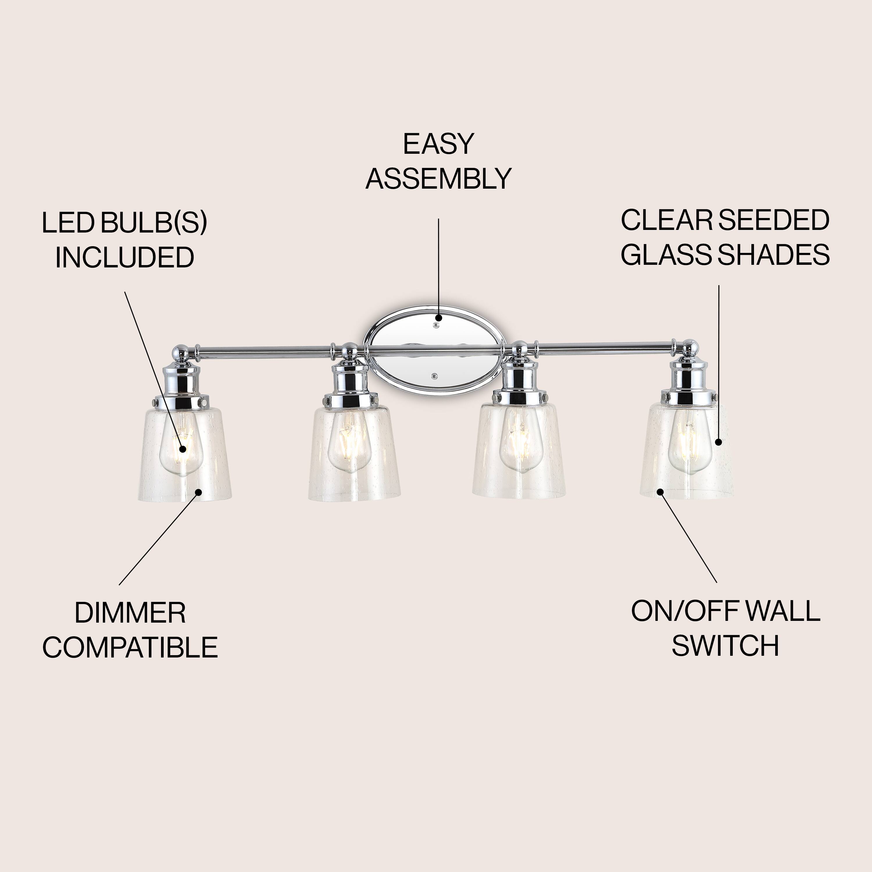 LED BULB(S) INCLUDED  
EASY ASSEMBLY  
CLEAR SEEDED GLASS SHADES  
DIMMER COMPATIBLE  
ON/OFF WALL SWITCH