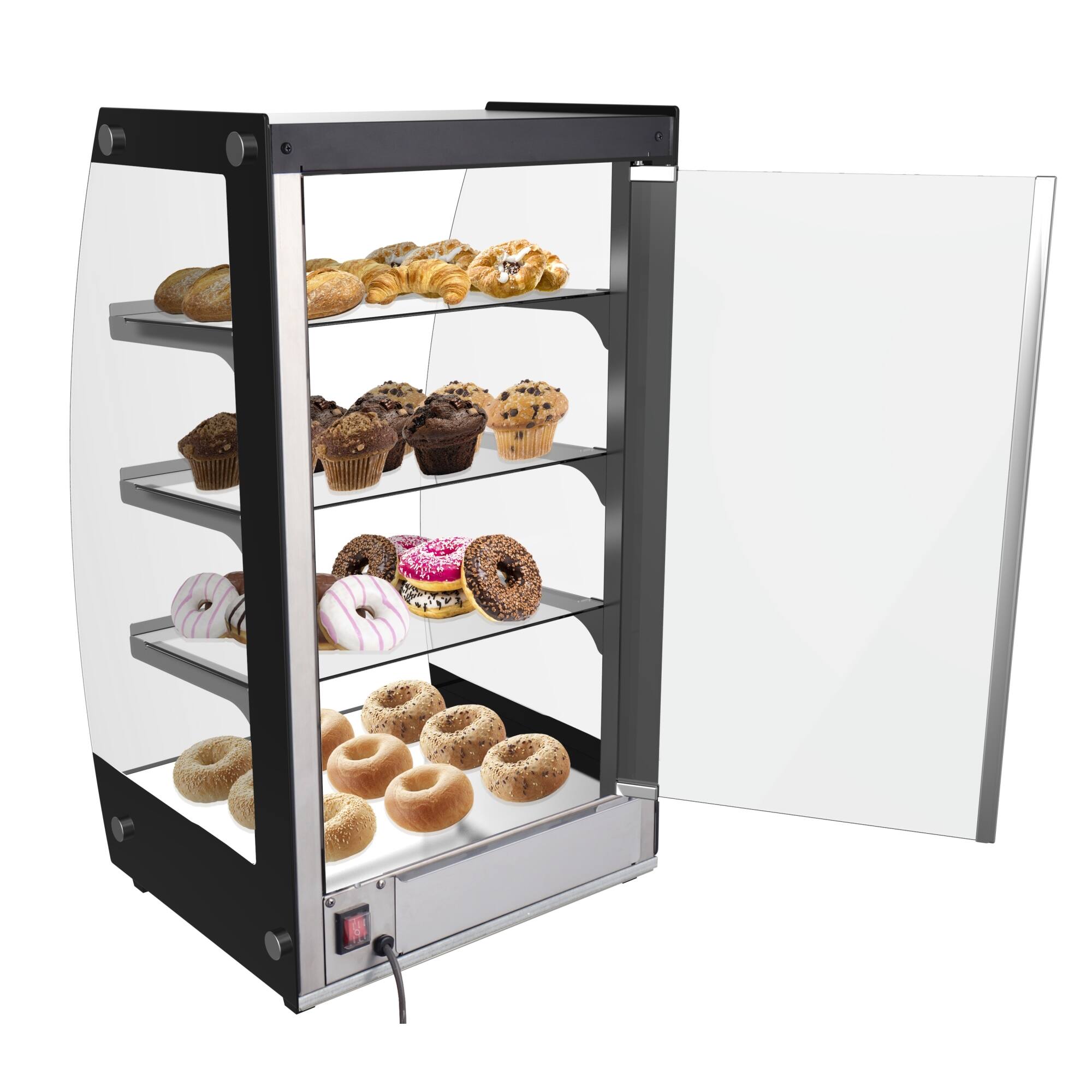 Angle. Koolmore - 16 in. Commercial Glass Bakery Display Case, Self Service Pastry Case with LED lighting and Rear Door, 2.7 cu. ft. - Black.