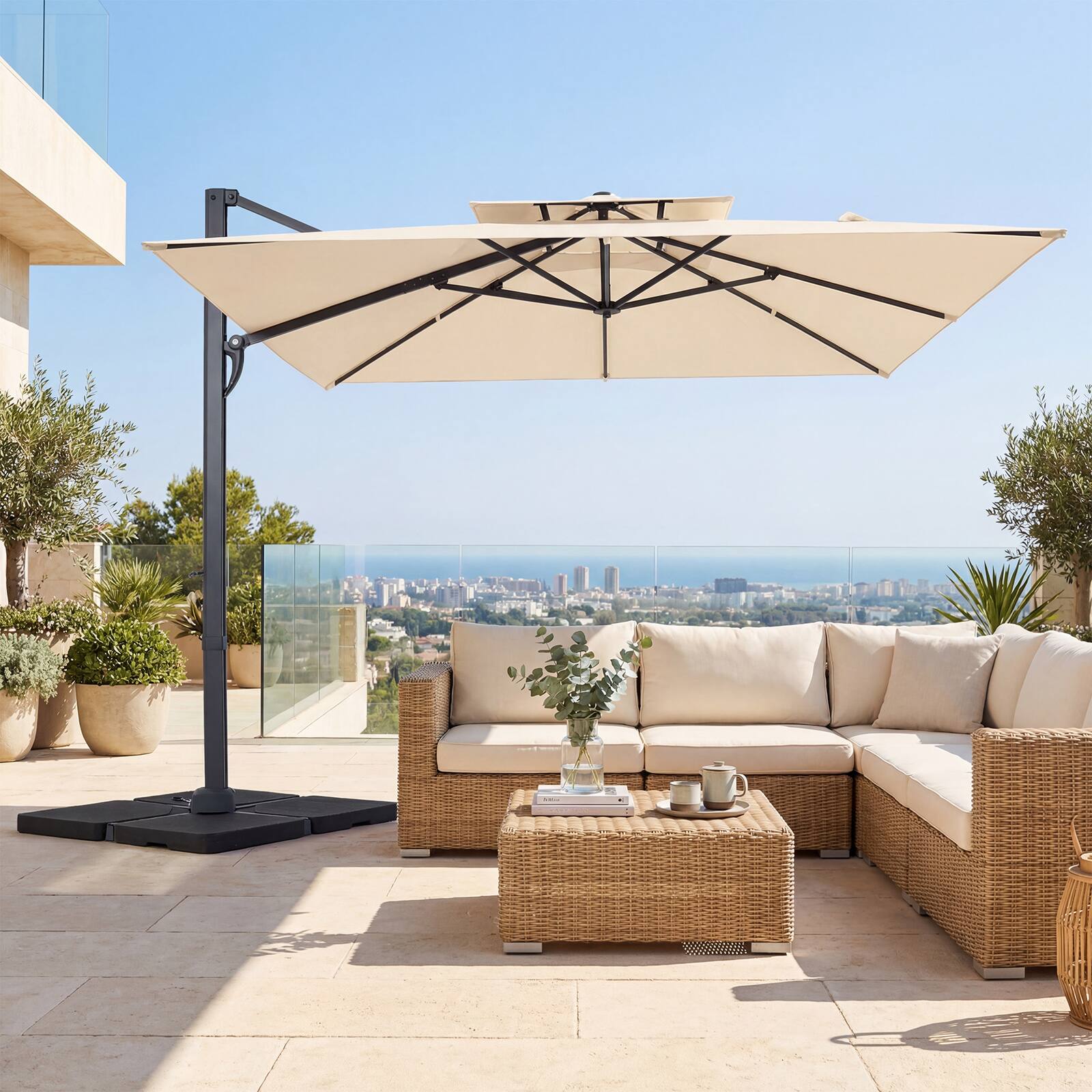 Alt View 4. Gymax - Gymax 10FT Patio Cantilever Umbrella w/360-Degree Rotation 8 Sturdy Ribs Air Vent for Pool Beige - Beige.