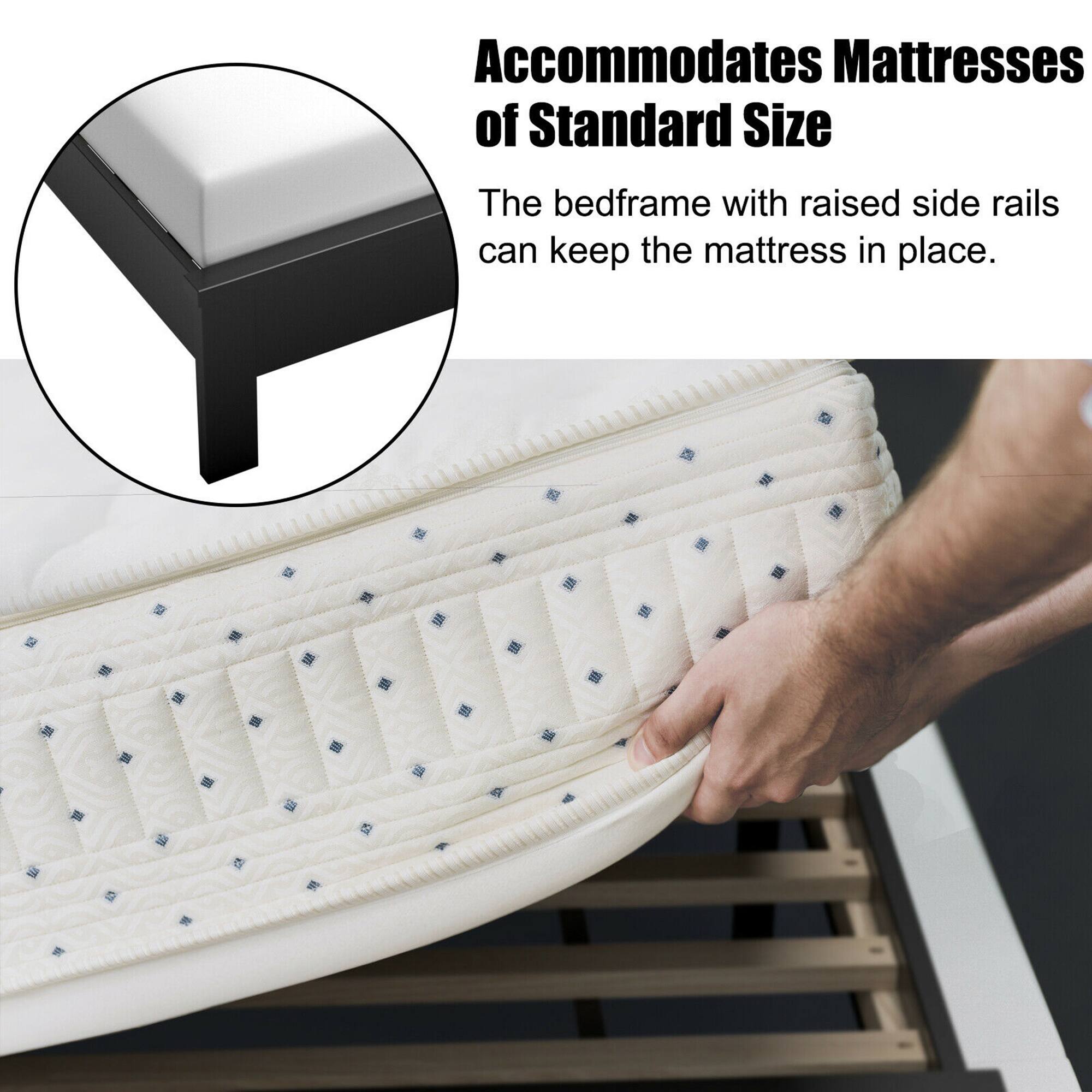Accommodates Mattresses of Standard Size: The bedframe with raised side rails can keep the mattress in place.