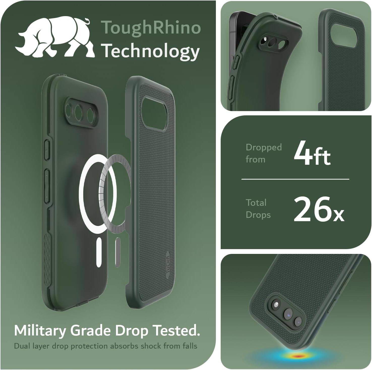 ToughRhino Technology

Military Grade Drop Tested.  
Dual layer drop protection absorbs shock from falls.

Dropped from 4ft  
Total Drops 26x