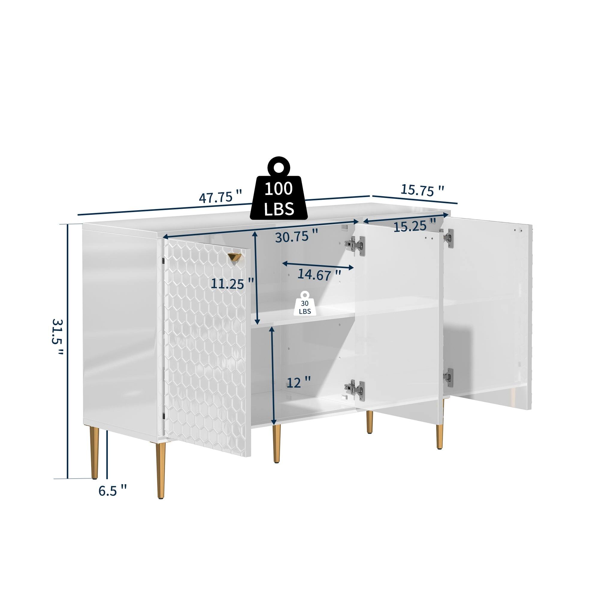 100 LBS, 47.75" L, 30.75" W, 15.75" H, 15.25" D, 11.25" H, 14.67" D, 31.5" W, 12" D, 6.5" H