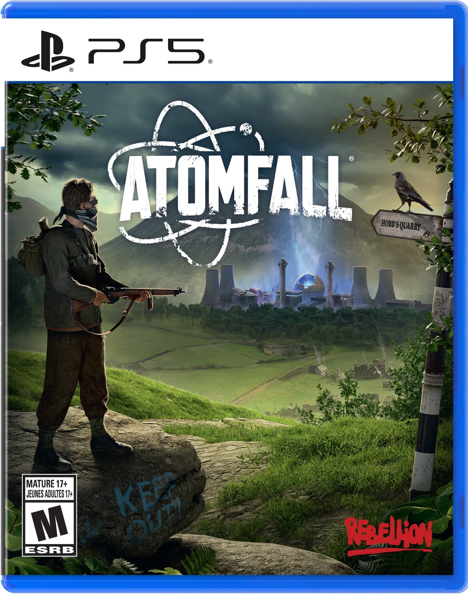 Atomfall is a video game for the PlayStation 5. The game is rated Mature 17+, indicating that it is intended for adults and contains mature content. The game is set in a post-apocalyptic world, and the player is standing on a rocky hillside with a gun in hand. The game is developed by Rebellion.