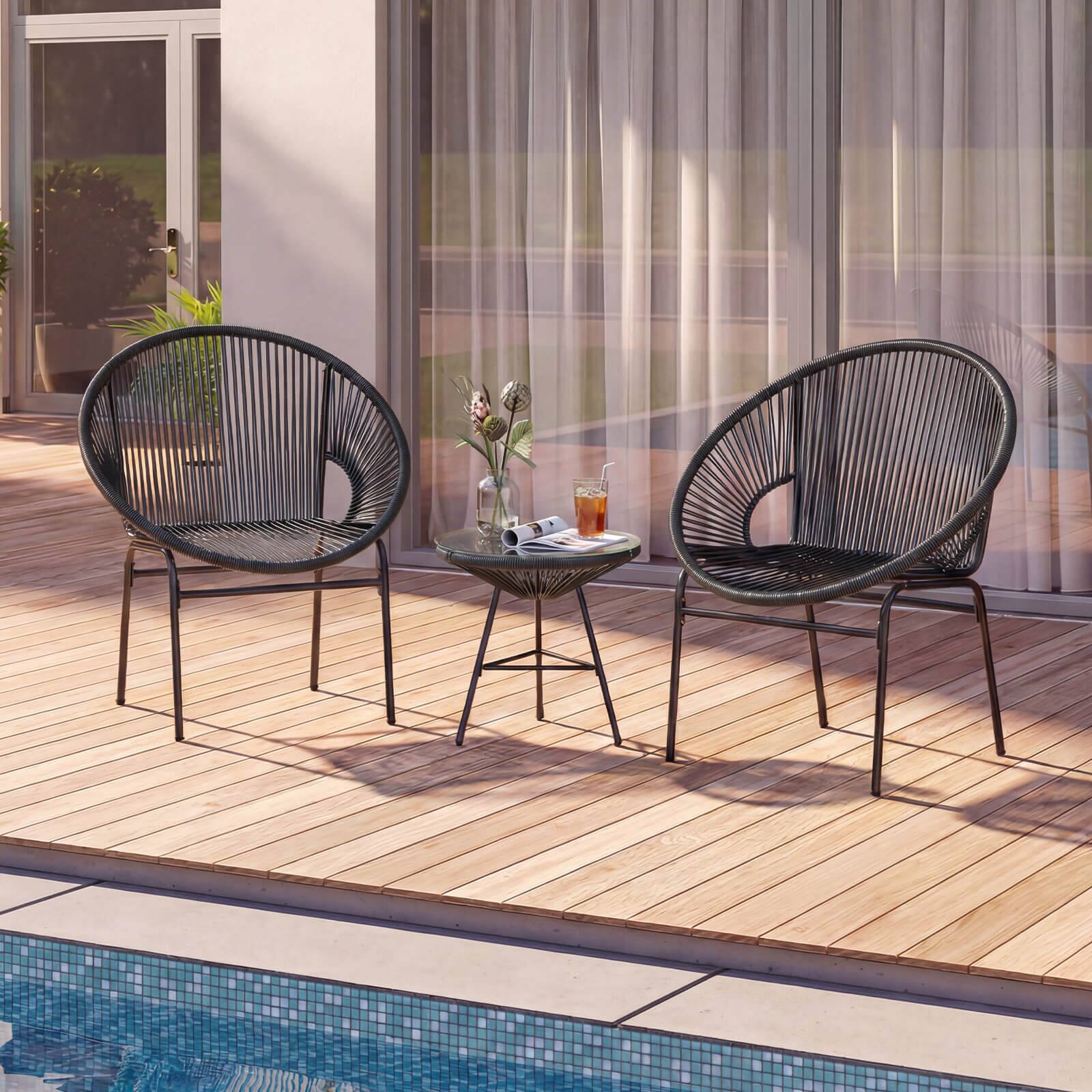 Alt View 4. Costway - Costway 3PCS Patio Acapulco Furniture Bistro Set Plastic Rope Glass Table - Black.