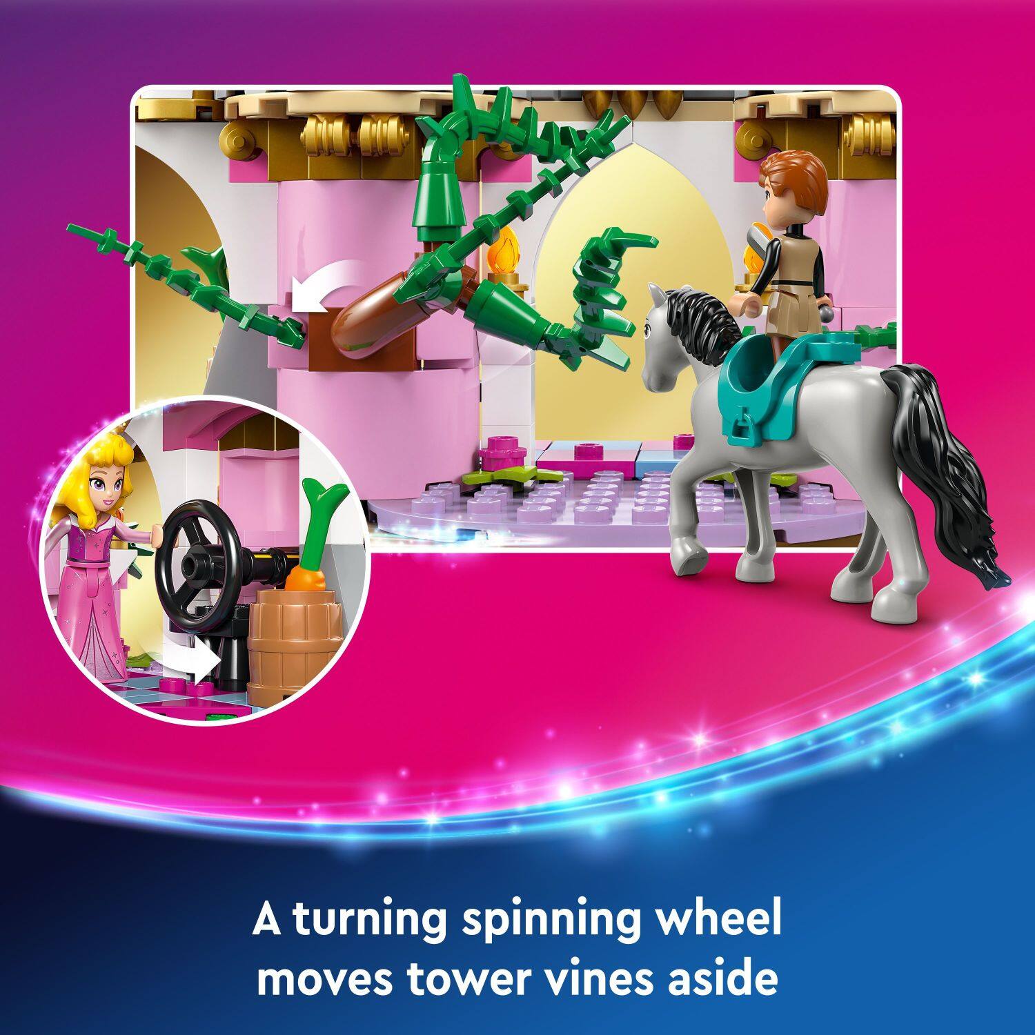 A turning spinning wheel moves tower vines aside.