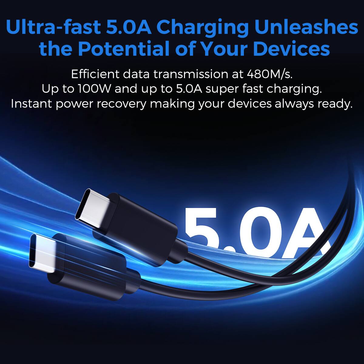 Ultra-fast 5.0A Charging Unleashes the Potential of Your Devices

Efficient data transmission at 480M/s.
Up to 100W and up to 5.0A super fast charging.
Instant power recovery making your devices always ready.
5.0A