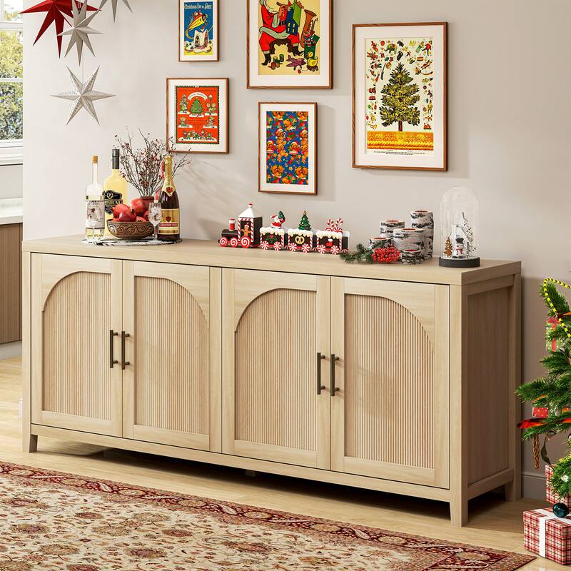 Front. Bestier - 70" Arched Farmhouse TV Console, Rustic Wood Grain Media Cabinet with 4 Doors & Ample Storage for 75" TVs - Natual Oak.